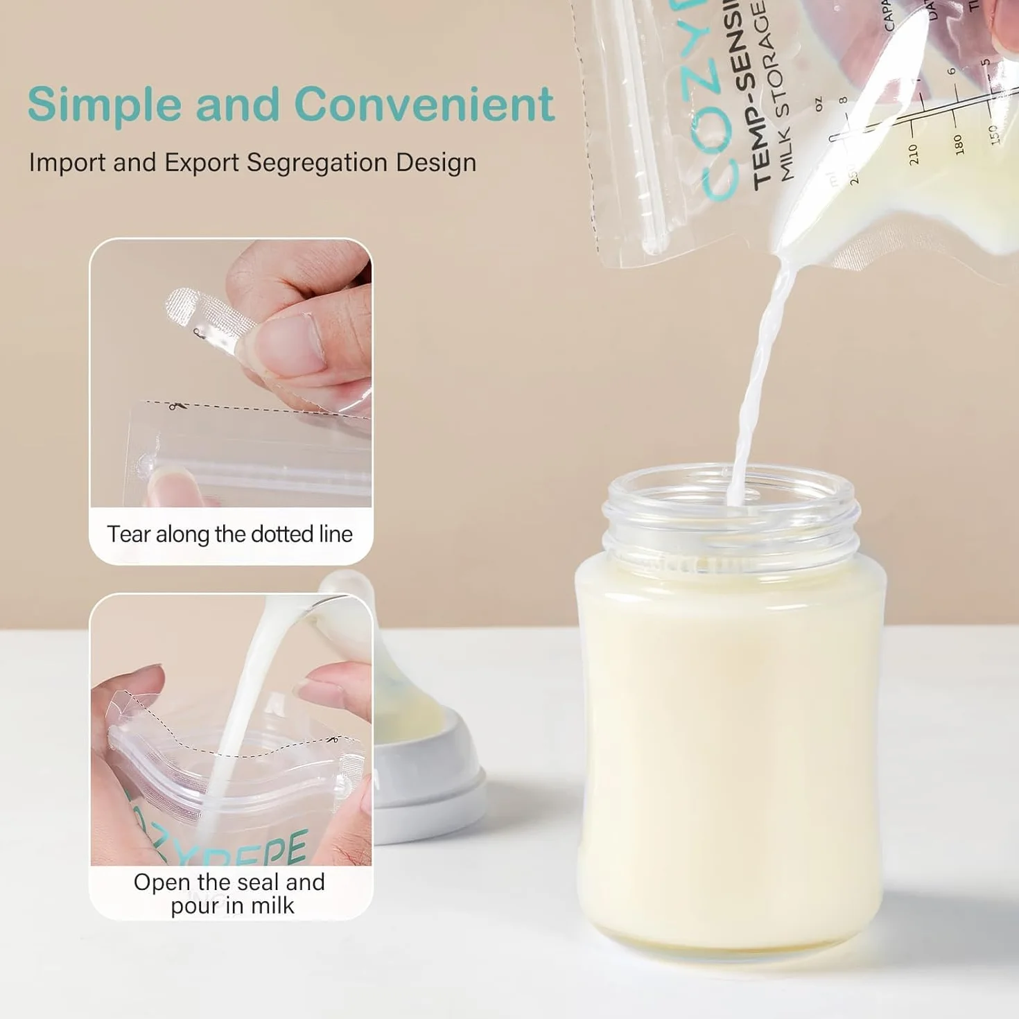 Sacchetti Latte Materno 250ml con Beccuccio, 50 Pezzi, Senza BPA, Rilevamento Temperatura