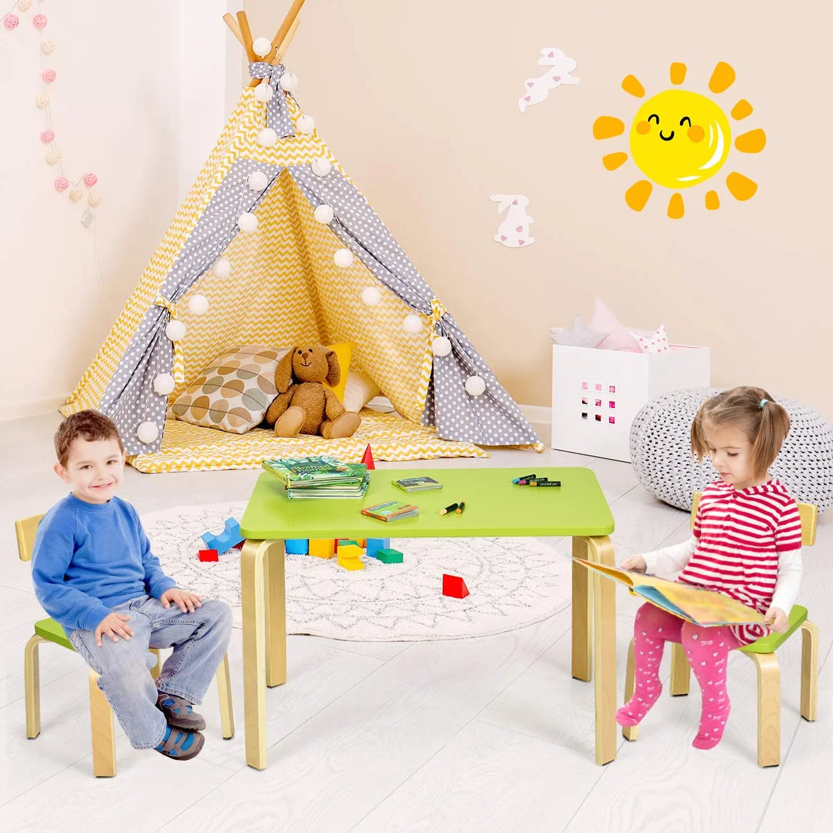 RELAX4LIFE Set Tavolo e 2 Sedie Bambini 3-12 Anni Legno Stabile Sicuro Design Ergonomico Multifunzione Giocare Mangiare Casa Asilo Verde