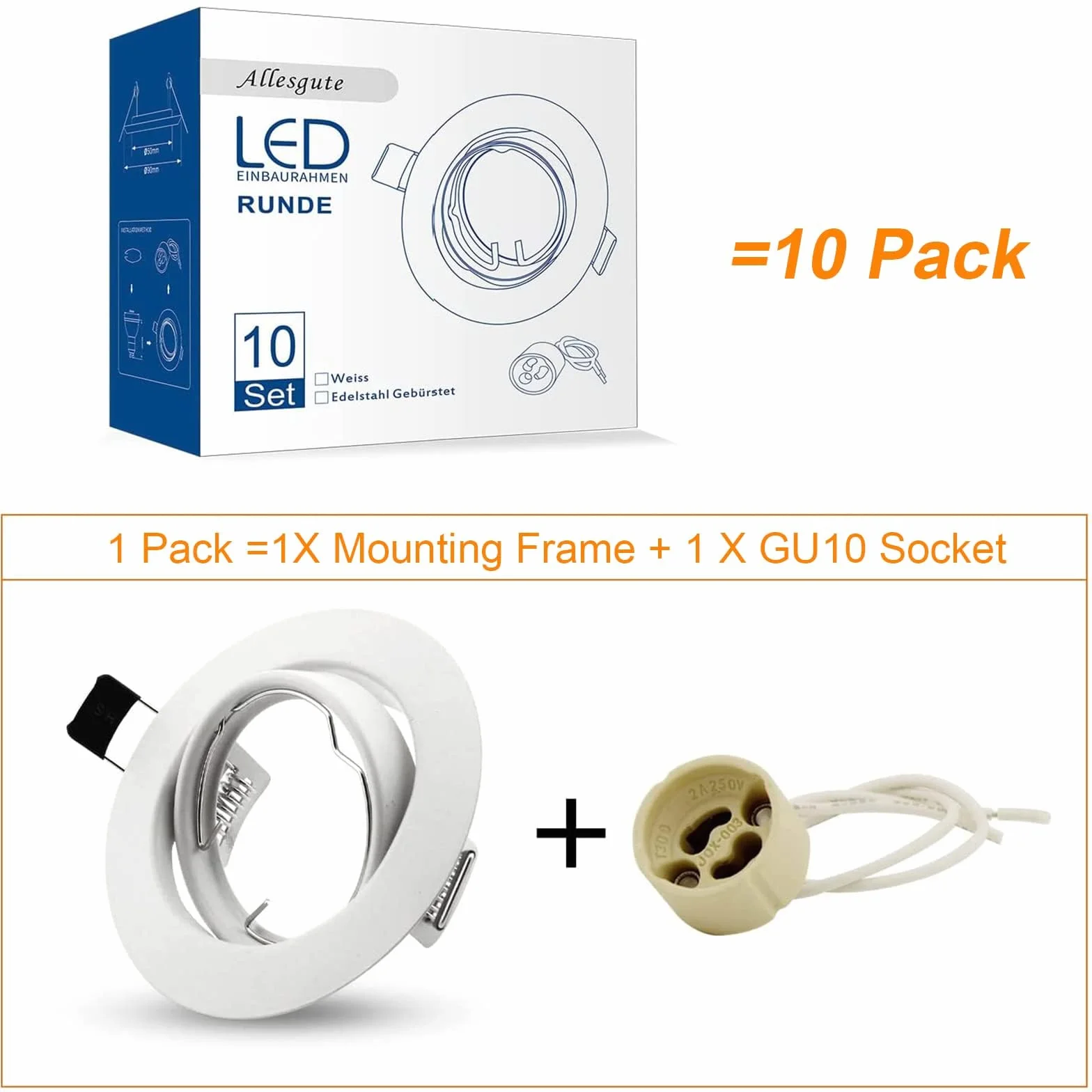 Allesgute Set Di 10 Cornici Da Incasso GU10 Bianco Opaco Cornice Girevole Rotonda Per Faretti Da Incasso 230V Con Presa GU10 Per Lampadine LED O Alogene