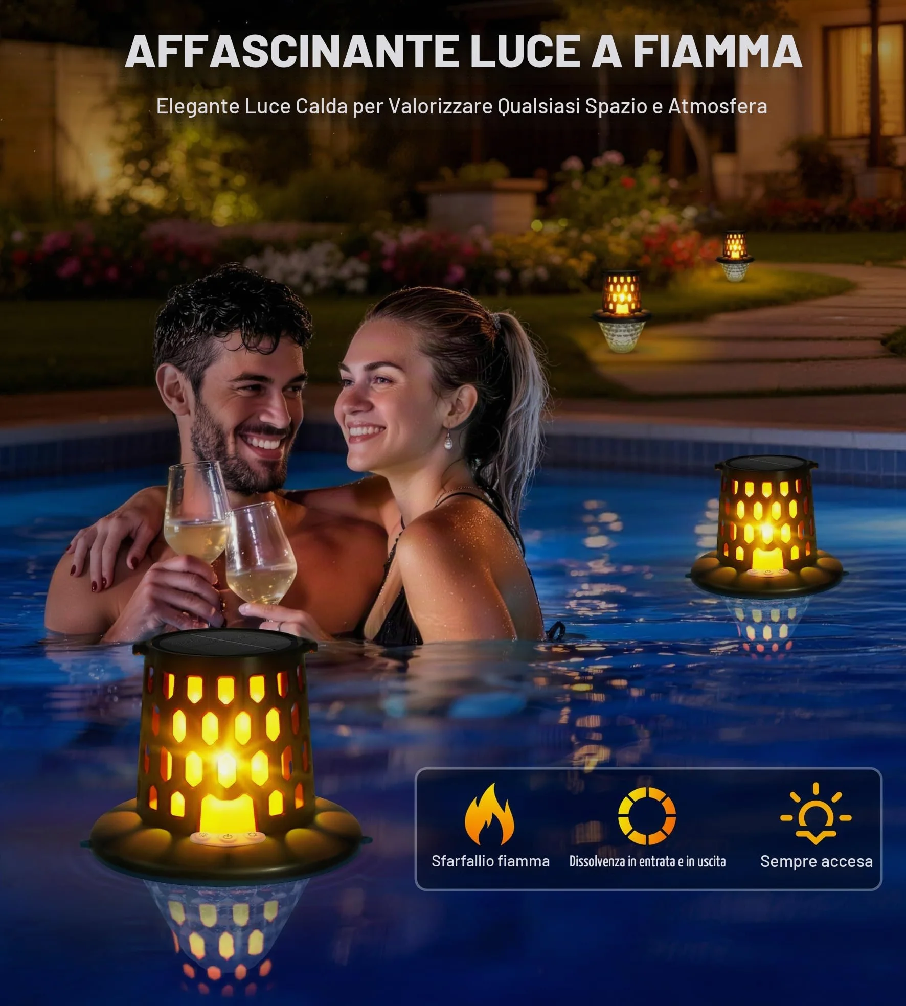 LuxBlue Luci Piscina Galleggianti, Luce per Piscina Fuori Terra con Spettacolo di Luce Subacquee, Luci Solari per Piscinas IP68 Impermeabile, Lampade Piscinas con Luces Fiamma per Spa, Vasca Bagno