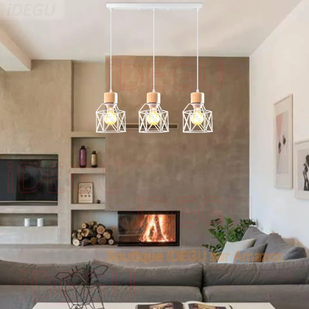 iDEGU 3 Luci Lampadario a Sospensione Vintage E27 Plafoniera Industriale in Legno Metallo Gabbia Lampada da Soffitto Retrò Lampade a Sospensione per Cucina Salotto Cameretta (Bianco, Legno, Barra)