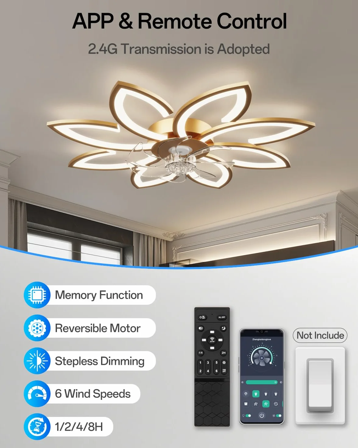 90 cm Lampadario Ventilatore da Soffitto Con Telecomando Led Dimmerabile Pale da Soffitto Design DC Plafoniera Fiore Led Reversibile 6 Velocità Lampadari a Ventola per Camera da Letto Cucina,Oro