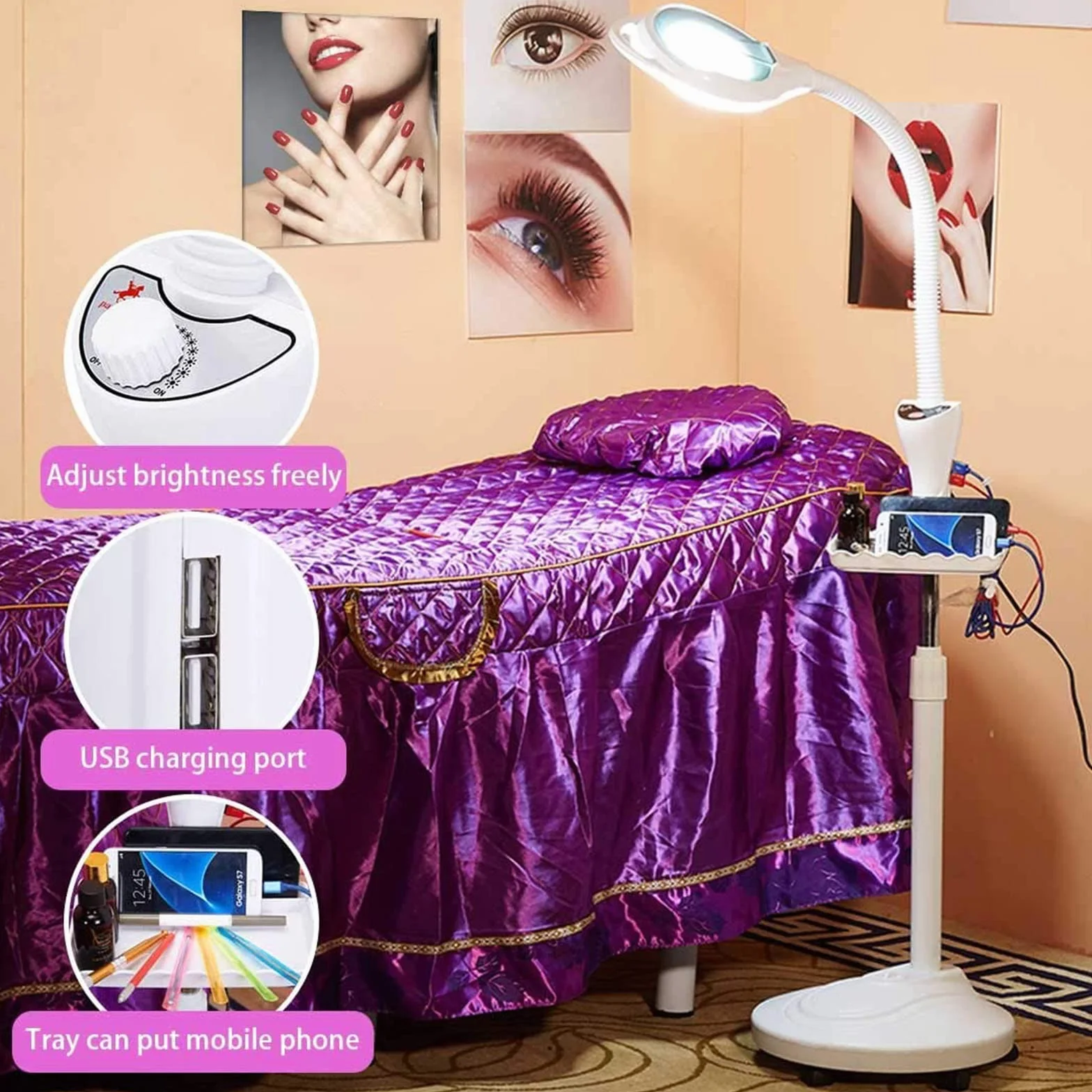 16X LED lampada lente ingrandimento da terra, regolabile Angolo del tubo tubo flessibile con 5 ruote girevoli - per Manicure, Lettura, Gioielli, Bambini, Elettronica, Professionale, Alluminio, Bianco