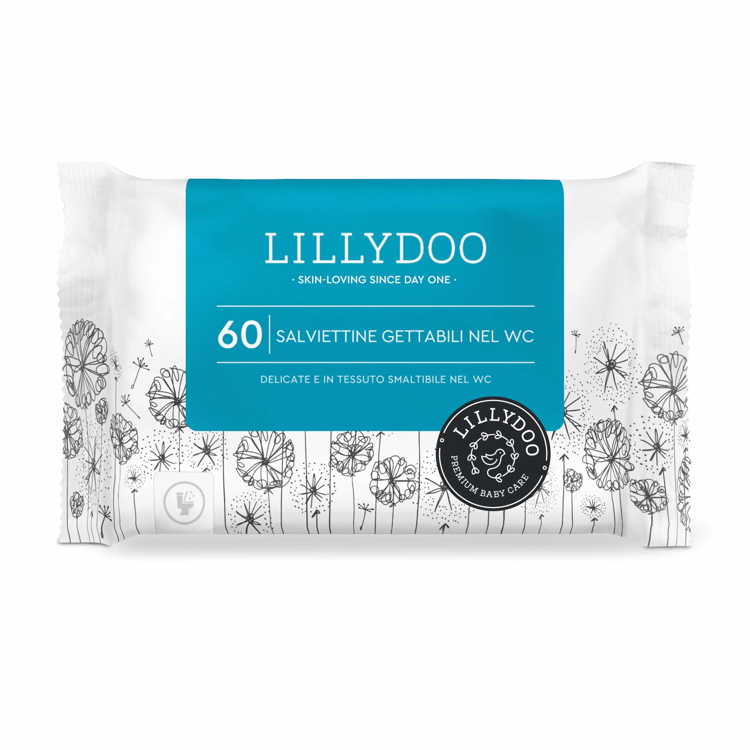 LILLYDOO Salviettine Gettabili nel WC 60 Pezzi 100% Tessuto Senza Plastica