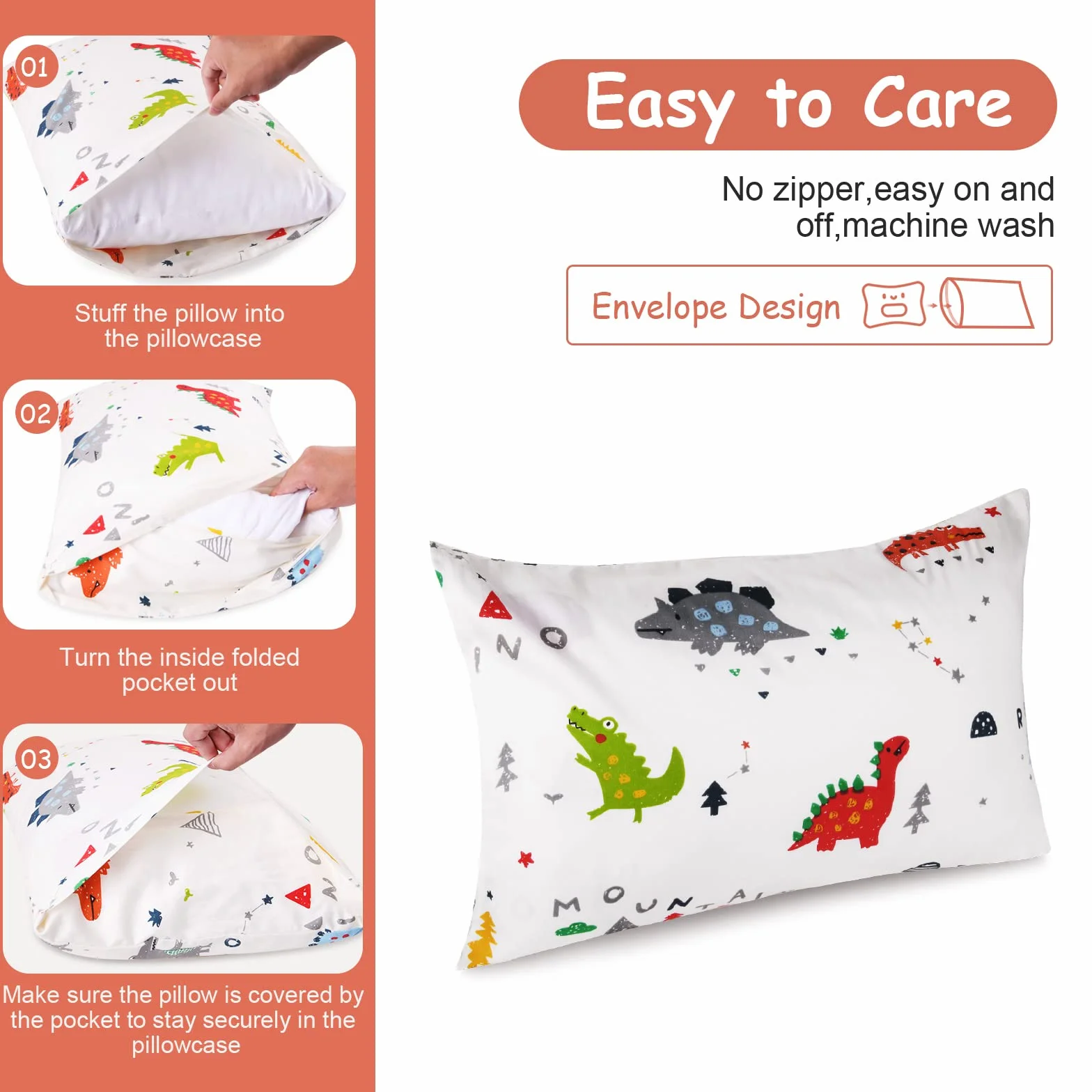 Vicloon Federa per Cuscini per Bambini 2 Pezzi 40x60 cm 100% Cotone Modello Dinosauro