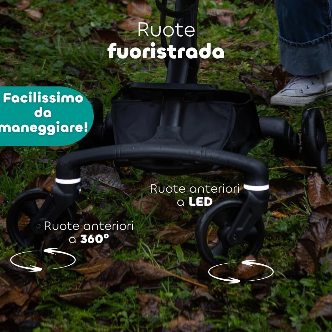 BÉABA X Micro Mobility Baby Cruiser Passeggino Dalla Nascita, Seduta Girevole 360°, 7 Posizioni, 3 Inclinazioni, Chiusura Una Mano, Ruote LED, Imbracatura 5 Punti, Cappottina UPF 50+, Pralinato