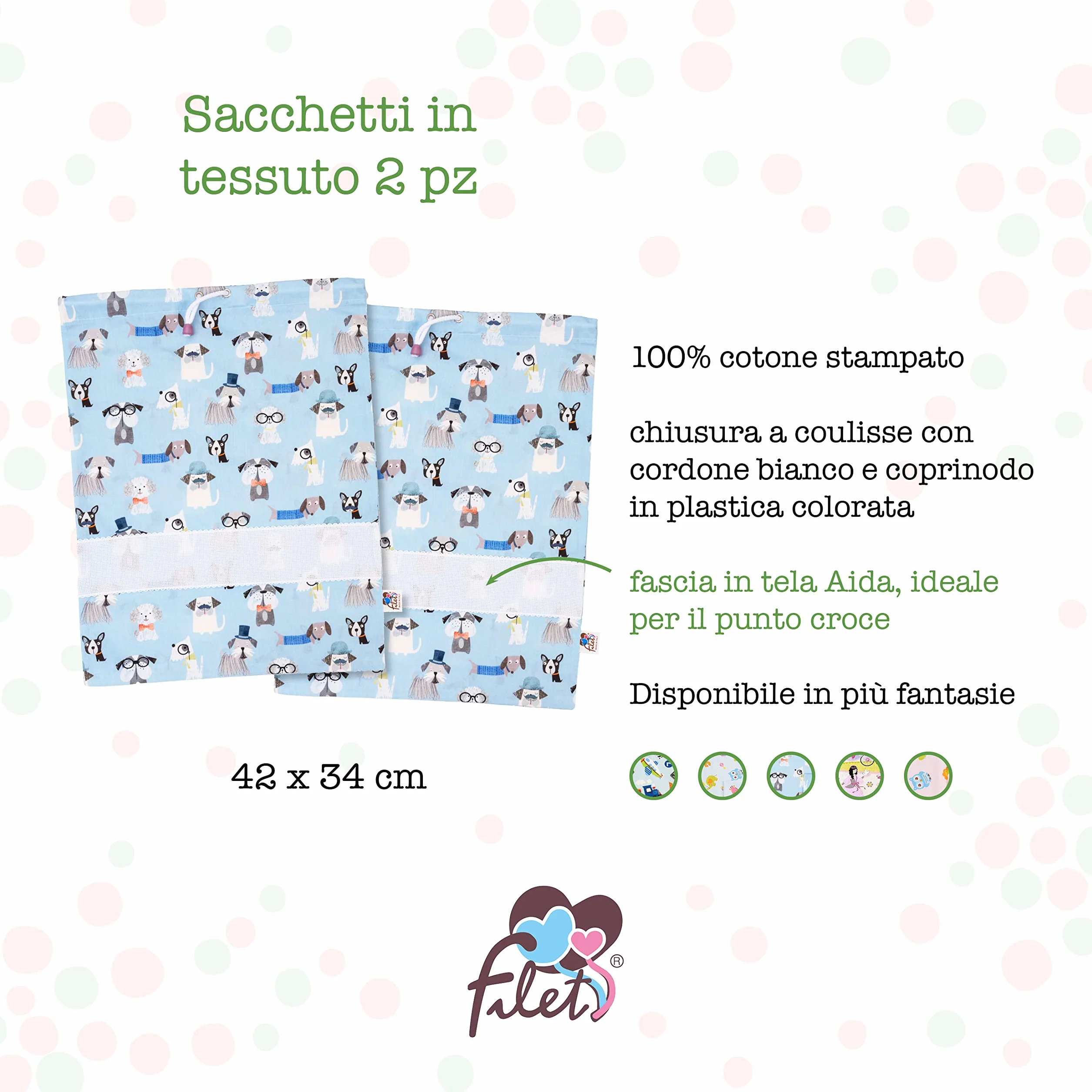 Set 2 Sacchetti Asilo in cotone stampato con inserto tela aida da ricamare 42x34 cm Made in Italy