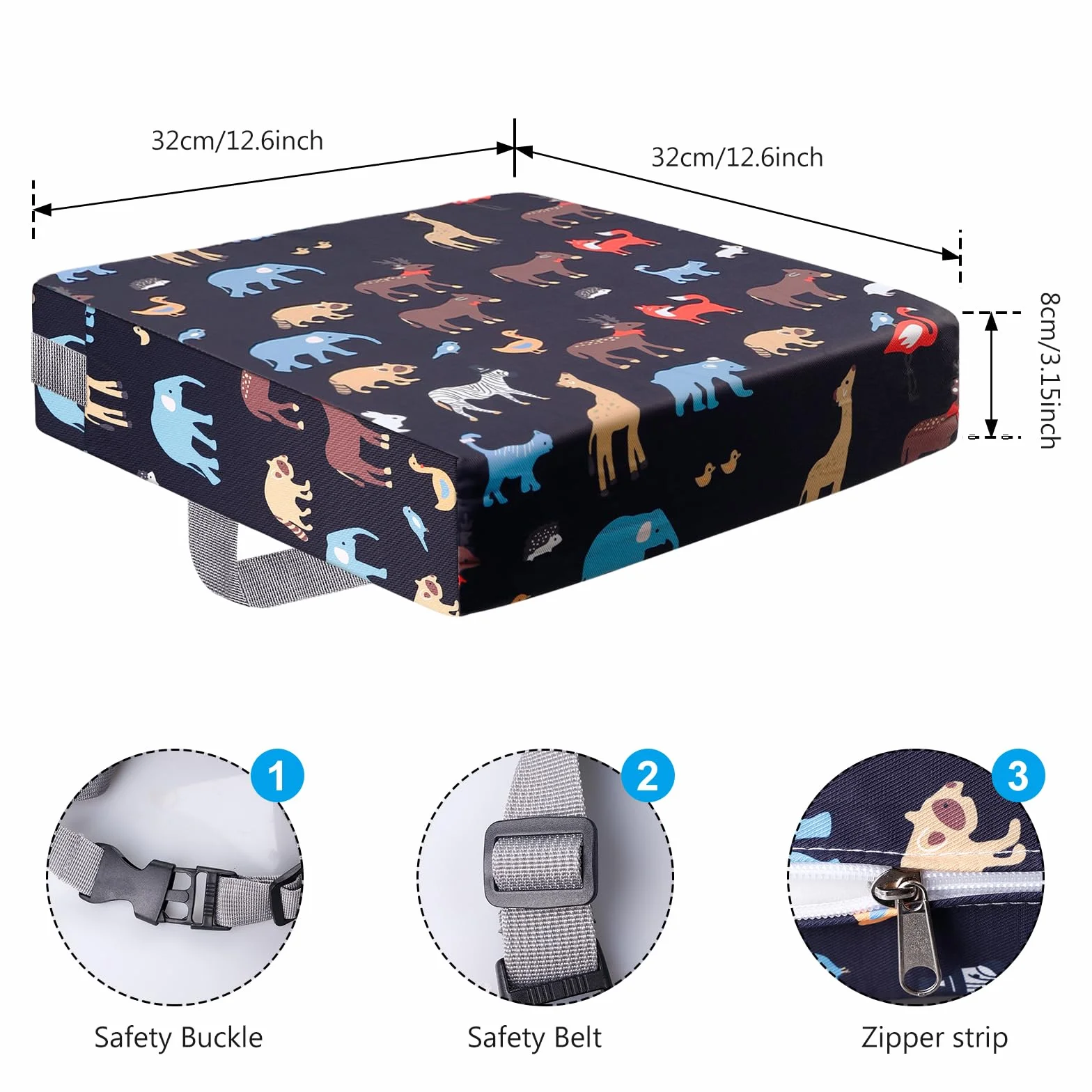 Rialzo da Sedia per Bambini 32x32x8cm Cuscino da Tavolo Cartoon con Cinghie di Sicurezza Nero