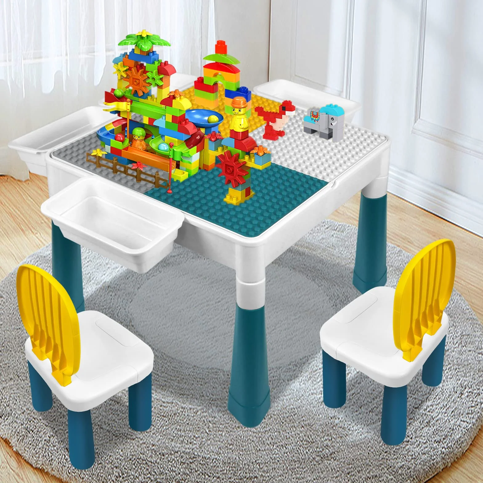 Tavolo per bambini 6 in 1 con 2 sedie e 163 mattoncini da costruzione, tavolo da attività multifunzione