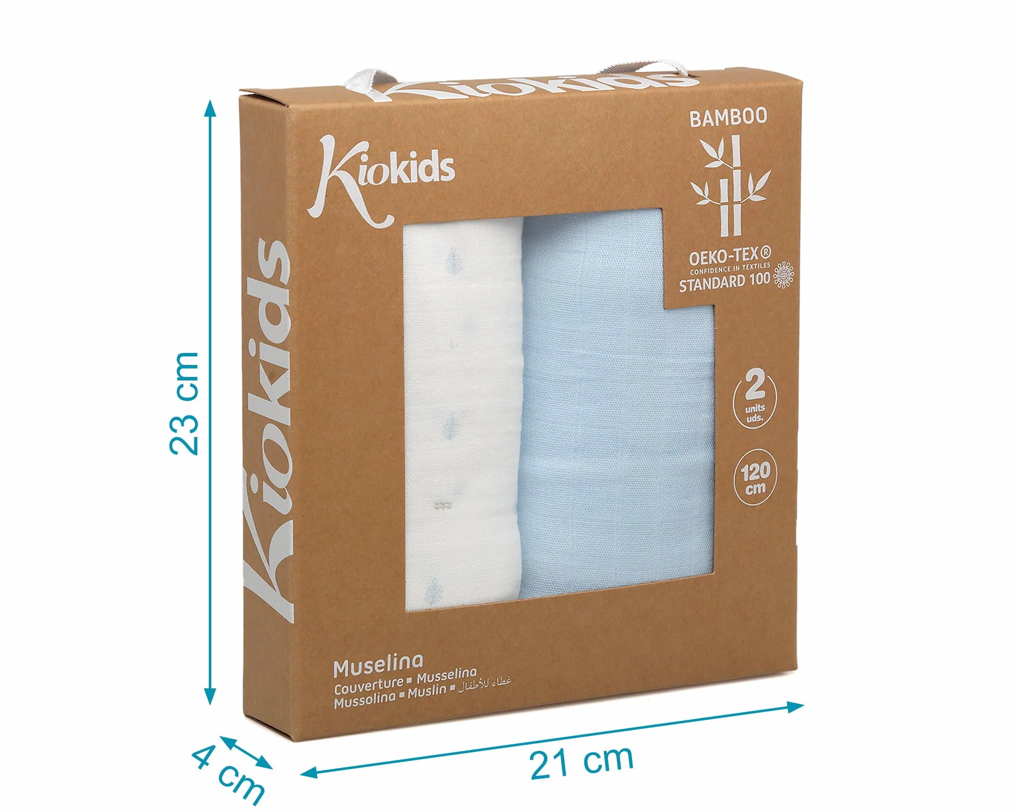 Kiokids Set 2 Mussole Blu e Bianche Stampate 70% bambù 30% cotone 120x120cm