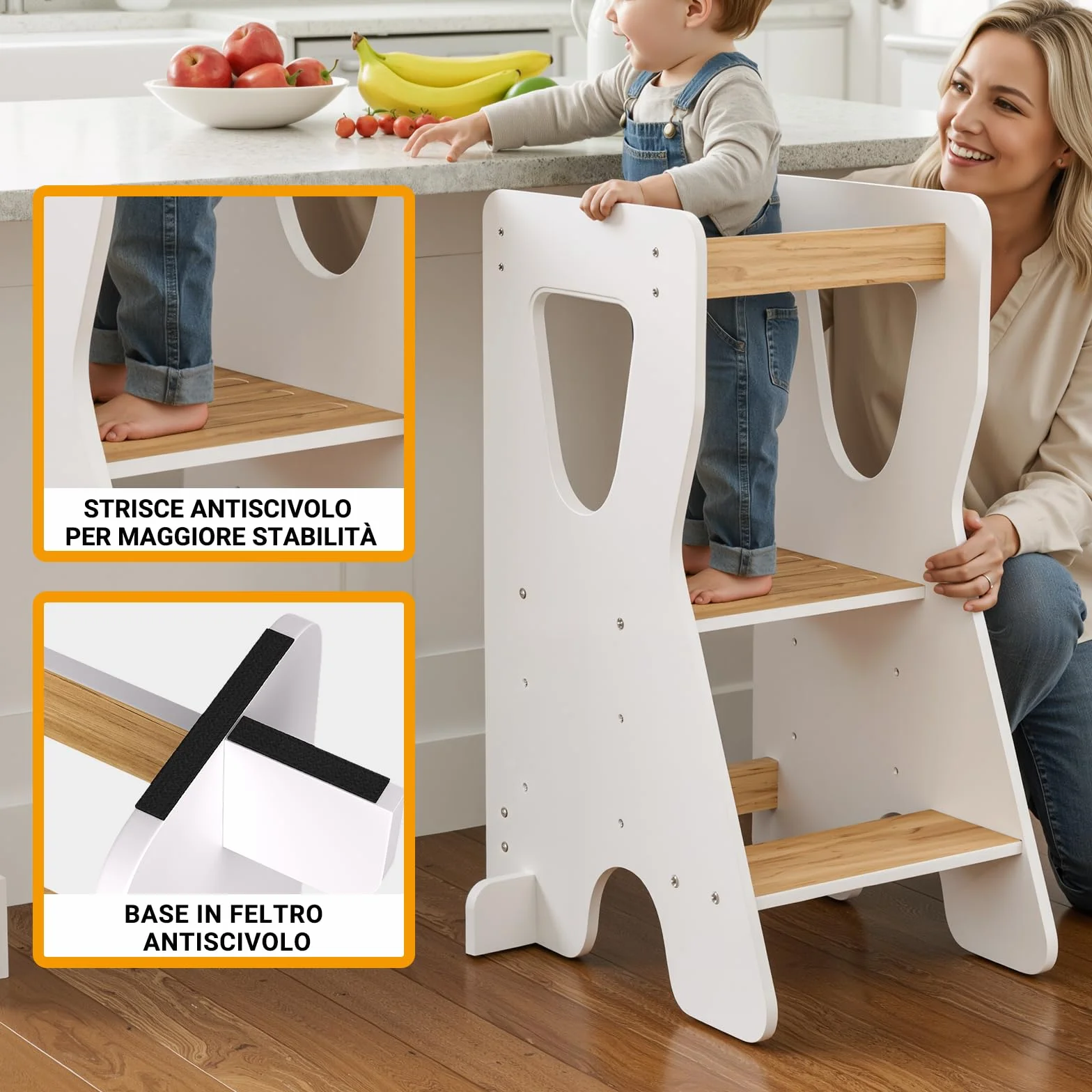 COSYLAND Torre Montessoriana Bambini Legno Naturale 3 Altezze Regolabili Bianco e Naturale