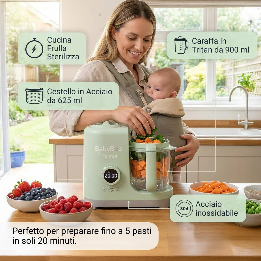 BABYBOO Robot Pappa 7-in-1 Cuoci a Vapore e Frulla 20 Minuti 300W Scaldabiberon Sterilizzatore Tritan Acciaio Inox Display Digitale