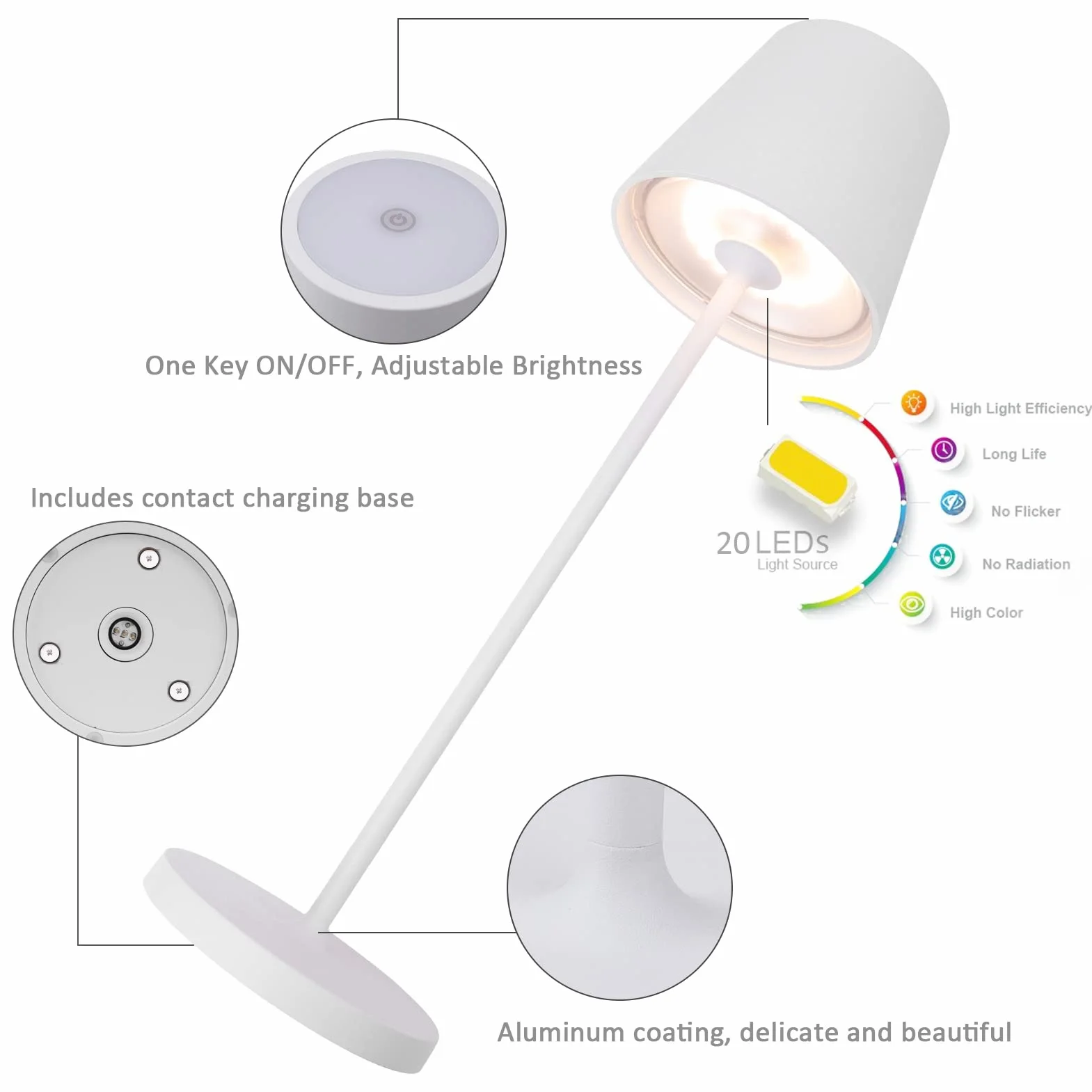 K-Bright 2 pezzi Lampada LED Dimmerabile da tavolo in alluminio, H38cm，Ricaricabile Colore luce calda Per interni/esterni Lampada da tavolo con base di ricarica a contatto (bianco)