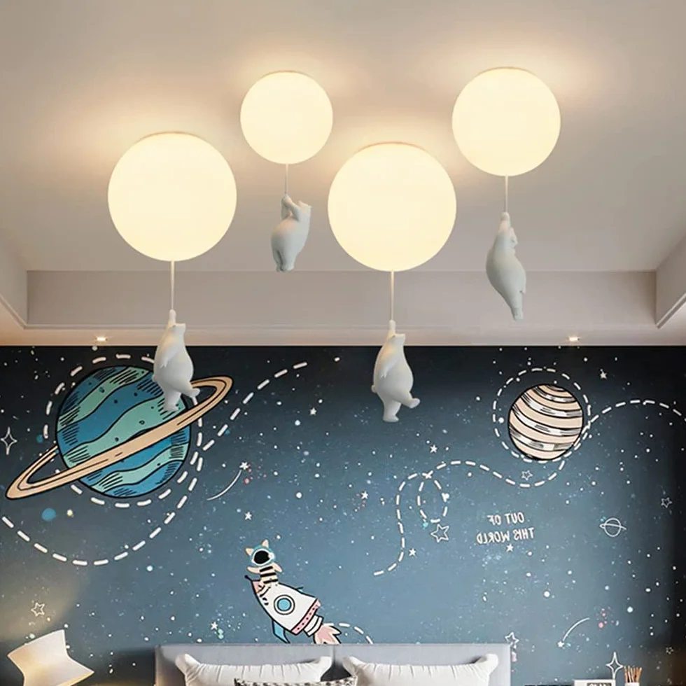 Plafoniera Bambini Bianca Paralume in Vetro Stanza Ragazzi Ragazze Piccolo Orso Camera da Letto Illuminazione Interni Lampadario Luci Sospese Lampada A Sospensione Base G9 Luce Bianca 6000K,A,Ø25CM