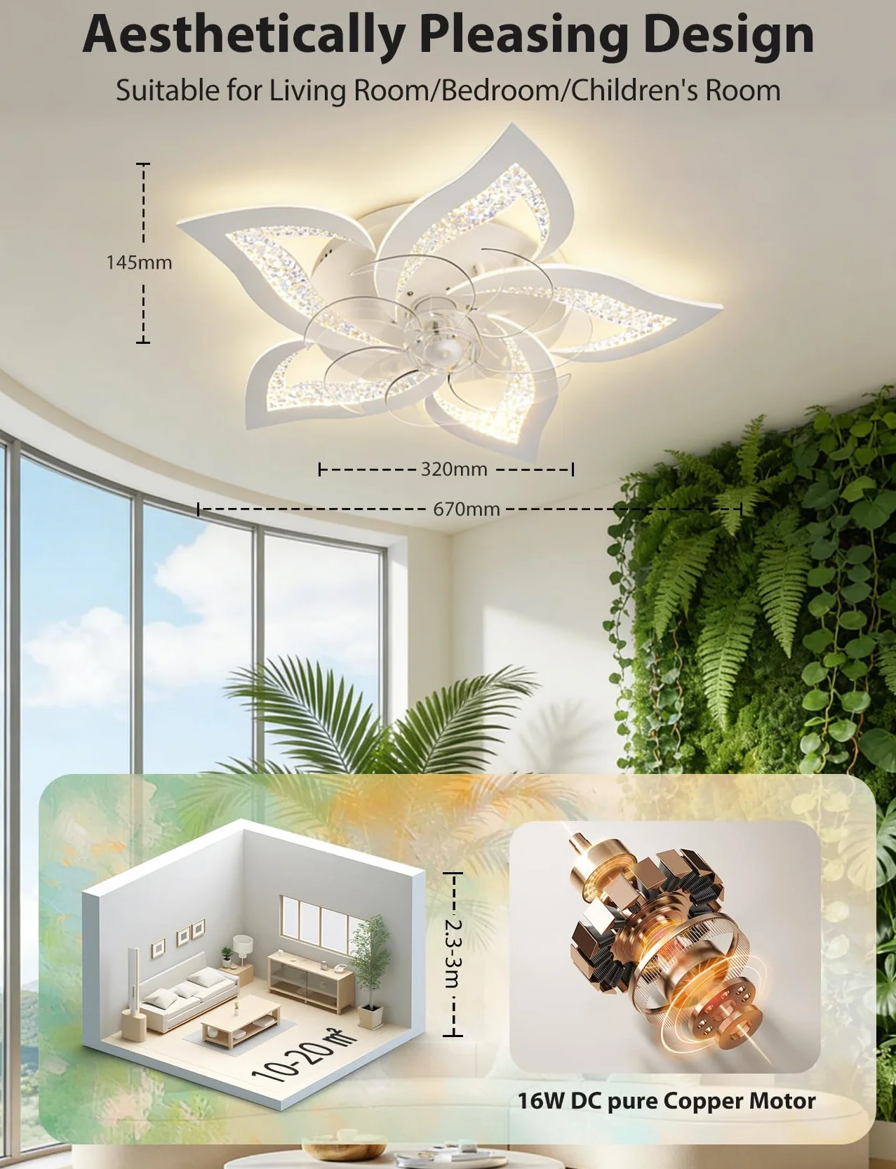 Aigostar Ventilatore da Soffitto con Luce e Telecomando Silenzioso Fiore - 40W Luce LED Regolabile 3000K-6500K, 16W Motor DC Reversibile, 6 Velocità con Timer per Casa (67cm, Bianco)