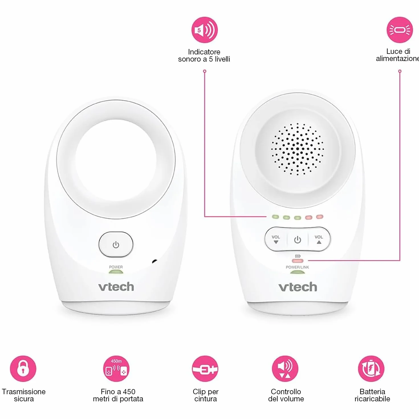 VTech DM1111 Digital Audio Baby Monitor DECT Monitor per Bambini con Rilevamento Livello Rumore e Clip Cintura