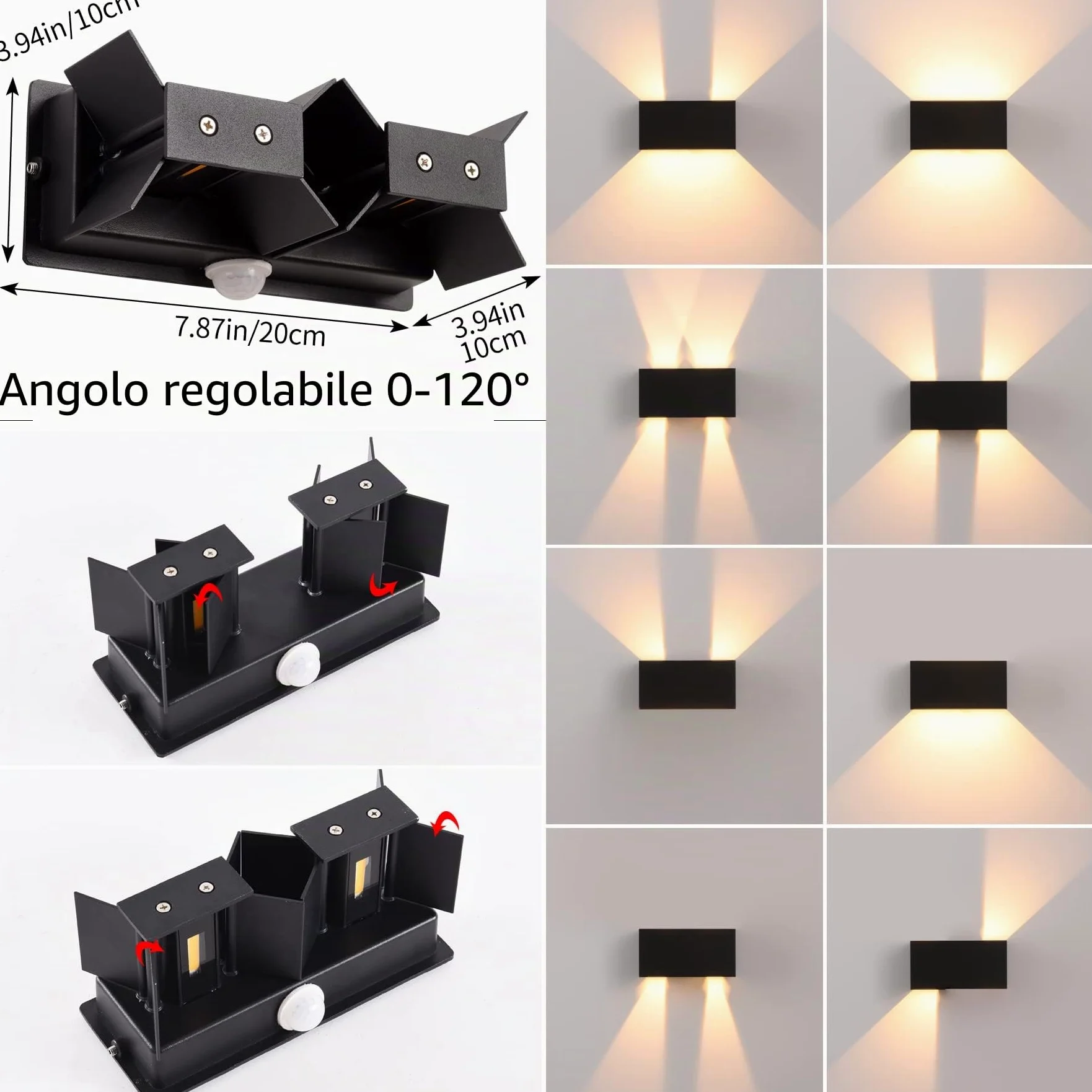 Applique da Parete 24W con Sensore di Movimento LED Moderno Lampada da Parete Esterno Interno Bianco Caldo 3000K Lampade a Muro Angolo del Fascio Regolabile IP65 Impermeabile Aplique Nero in Alluminio