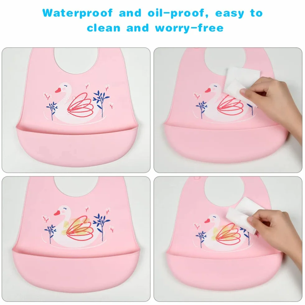 Vicloon Bavaglini Silicone Impermeabile Senza BPA 2PCS con Tasca Raccoglipappa 6 Misure Regolabili Viola e Rosa