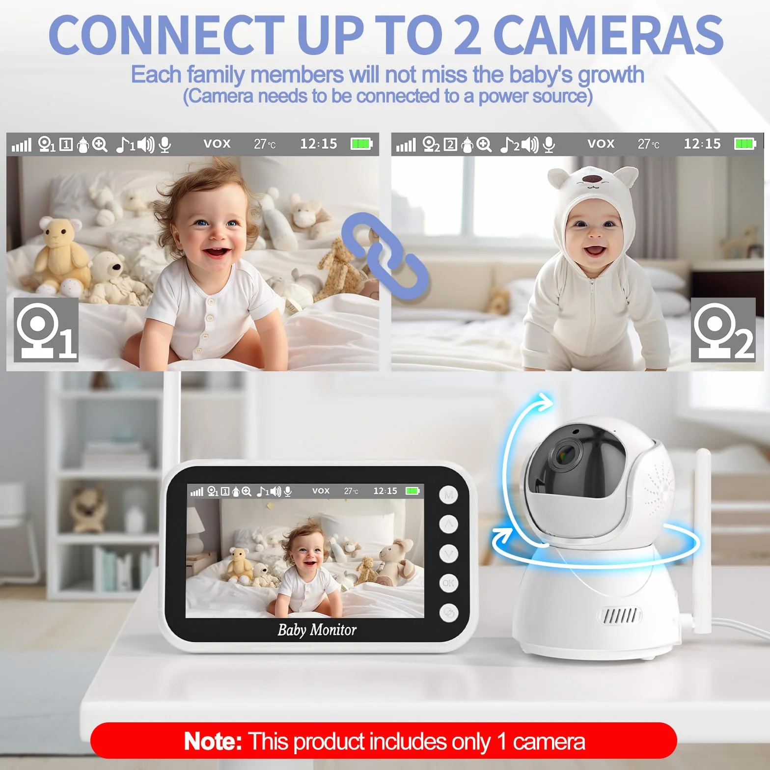 Baby Monitor Video e Audio 720P Display 4.3 Pollici Zoom Digitale VOX Audio Bidirezionale Rilevamento Temperatura