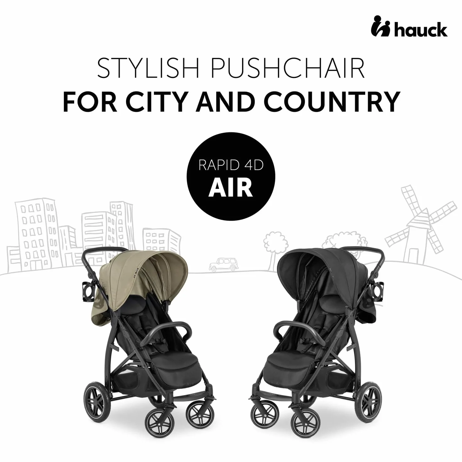 Hauck Rapid 4D Air Nero Passeggino 0-22 kg Ruote Gonfiabili Davanti Gomma Dietro Schienale Regolabile UPF 50+
