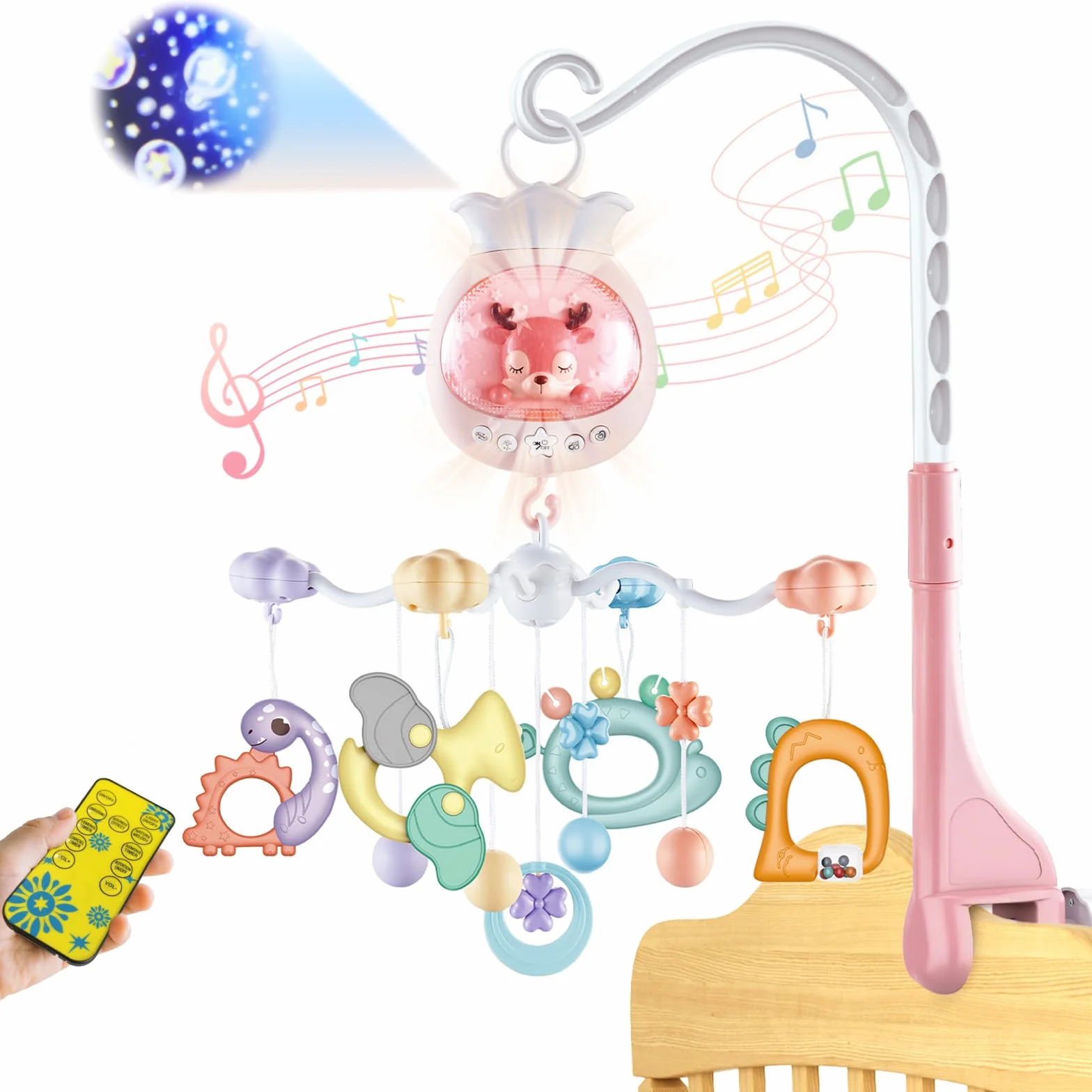 Giostrina Culla Neonato con Musica, Carillon Rotante Proiezione, Temporizzazione Sonaglio, per Neonato 0-12 Mesi Rosa