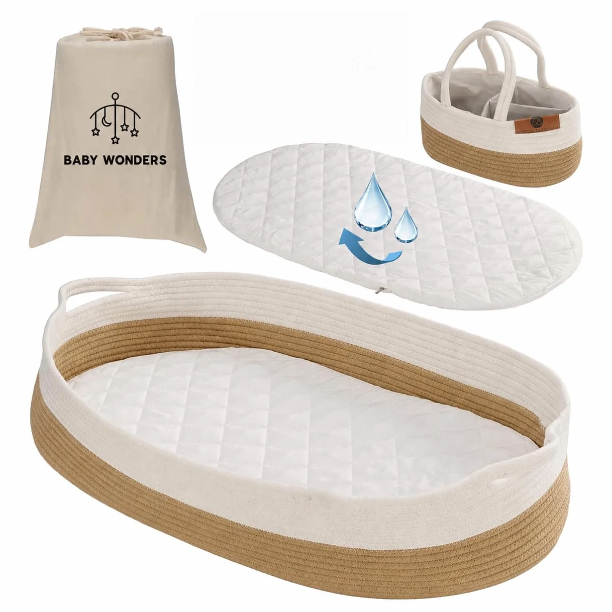 Baby Wonders Cesta Fasciatoio Neonato con Materassino e Borsa, Vimini Portatile per Cameretta o Viaggio
