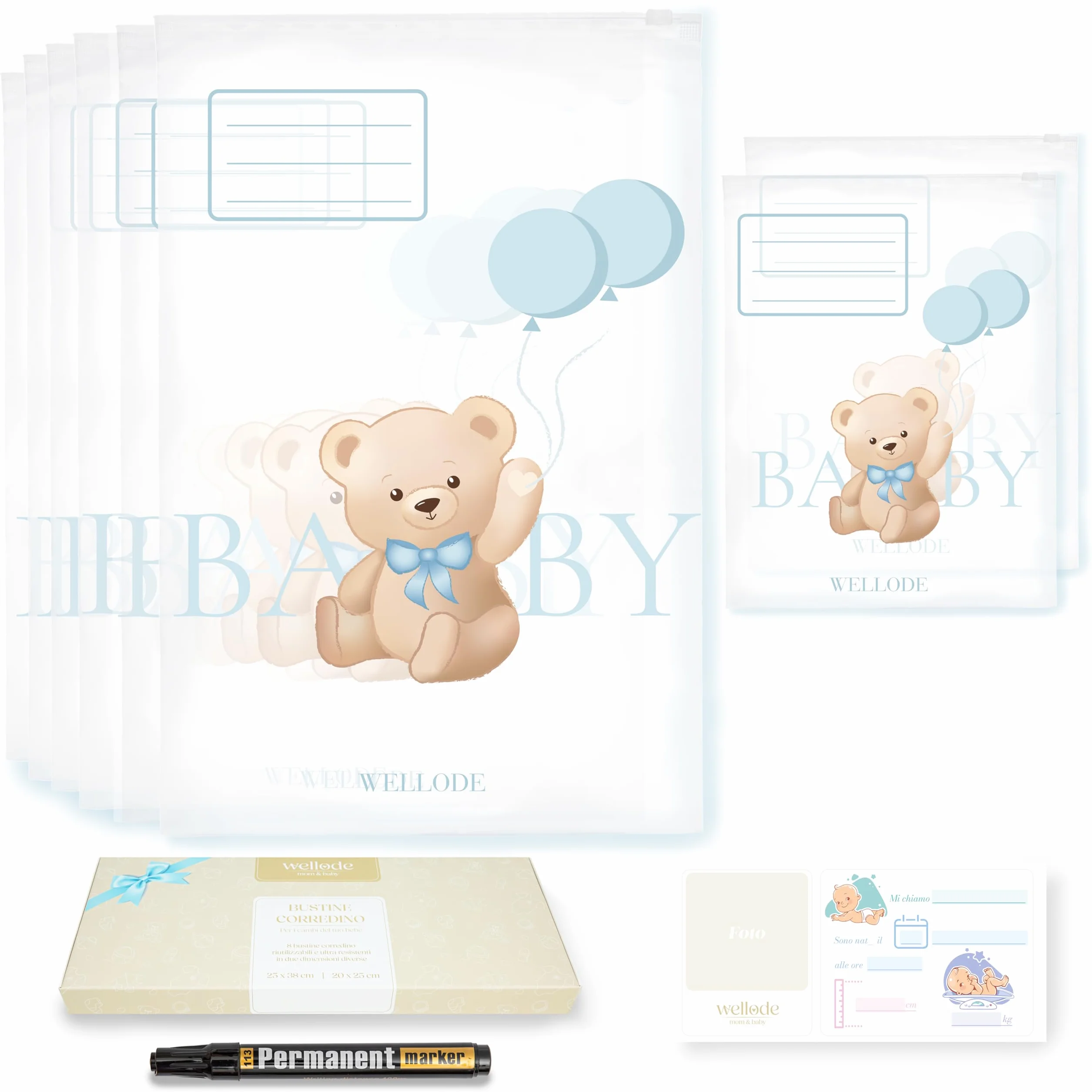 Wellode 8 Bustine Corredino Neonato Ospedale Teddy Bear, 6 Grandi e 2 Piccole - Sacchetti Cambio Neonato Riutilizzabili per Asilo e Viaggi - Idea Regalo Nascita Baby Shower