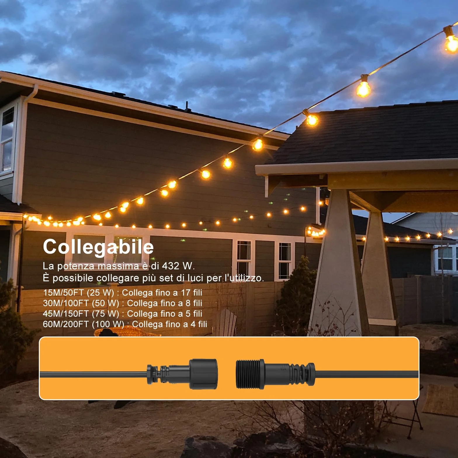 Luci Da Esterno Giardino G40 30M Festoon Lights Alimentazione LED 24V Con 50 Lampadine Infrangibili Impermeabile Per Patio Giardino Balcone Gazebo Pergola Portico