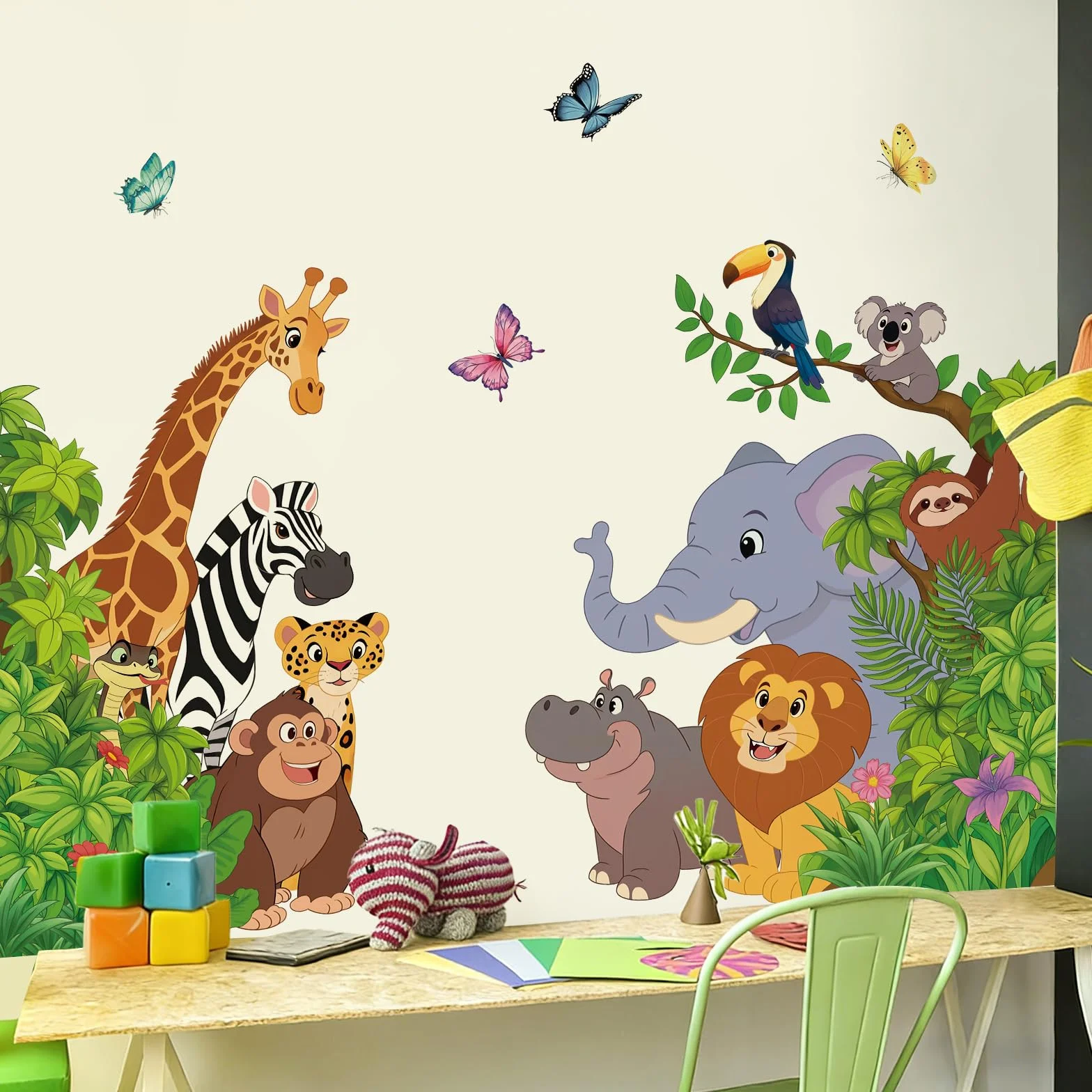 Adesivi Murali Animali della Giungla Decorativi per Cameretta Bambini Porte Armadio