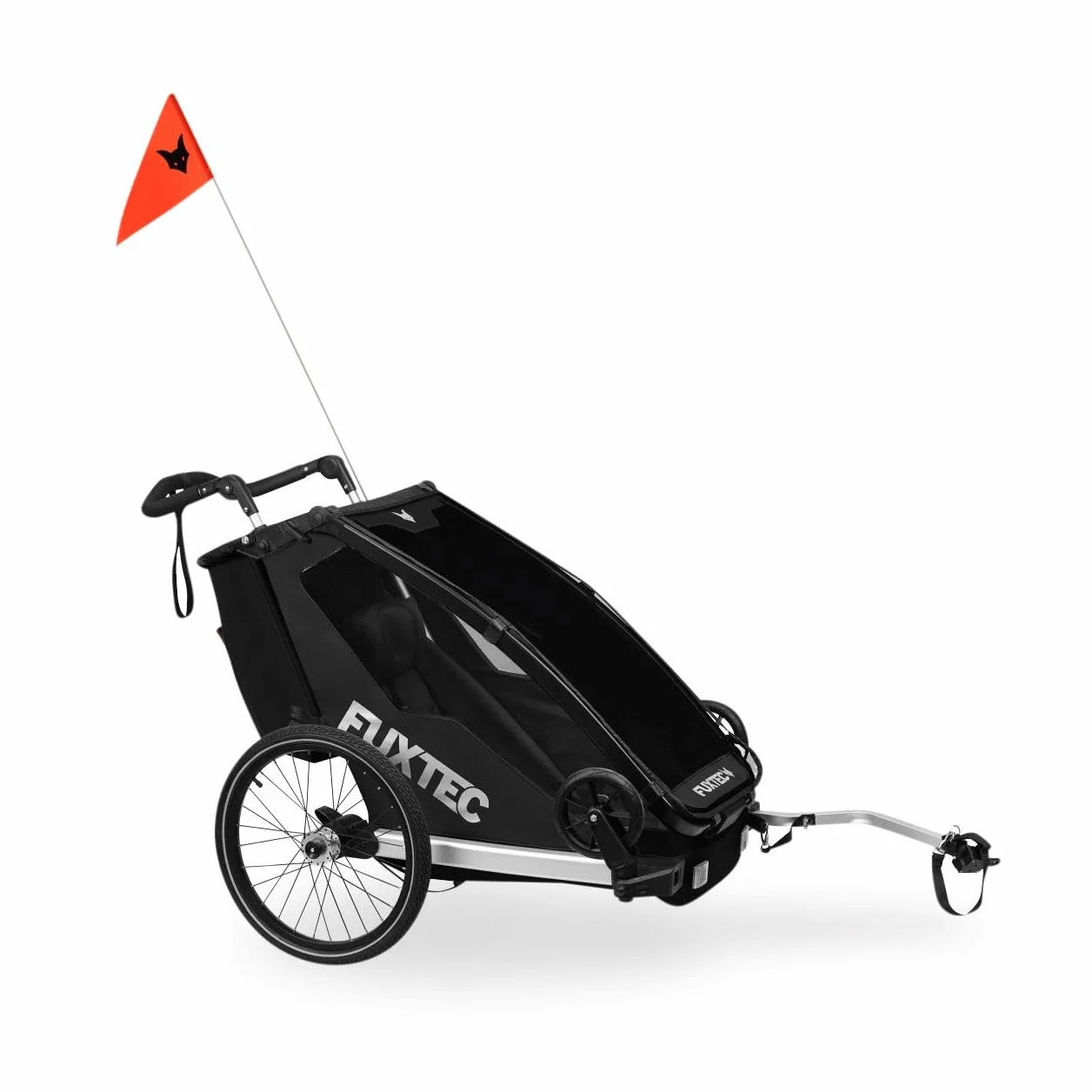 FUXTEC Rimorchio per Bici FX-FA1S Nero – Carrello 1 Posto per Bambini Pieghevole con Cintura di Sicurezza e Parasole