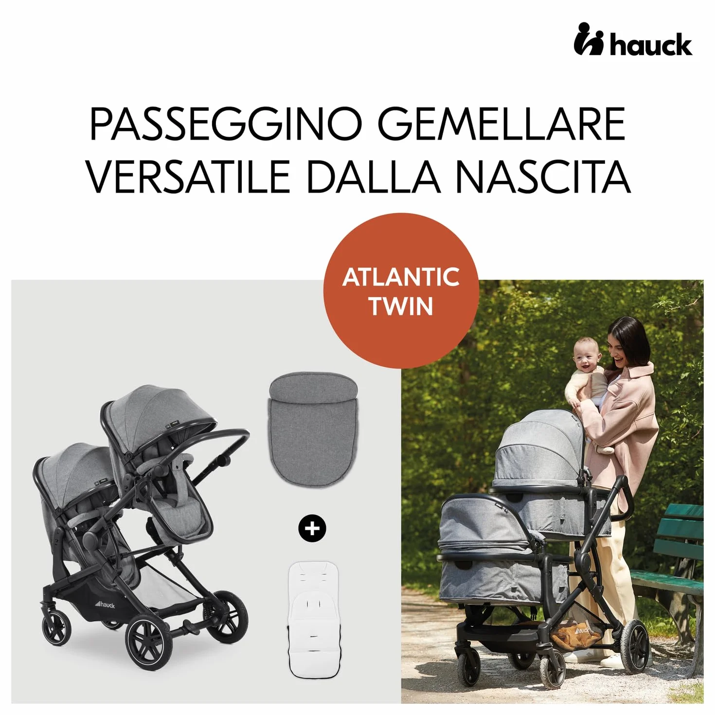 Hauck Atlantic Twin Grigio Melange Passeggino Gemellare per 2 Bambini 15 kg