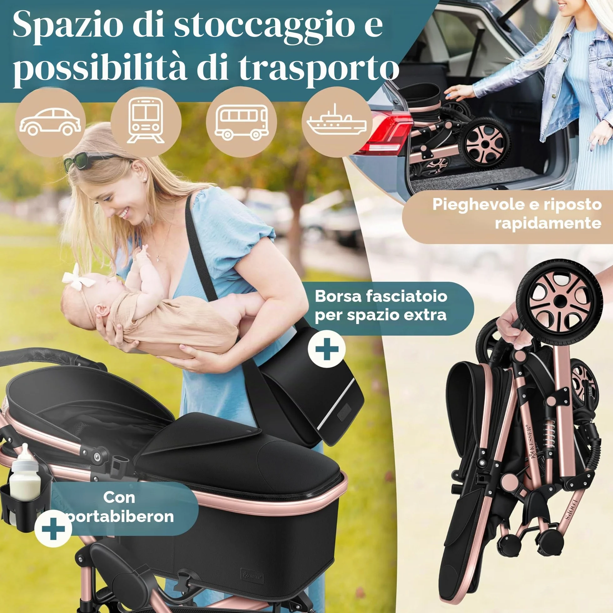 KESSER Carrozzina 3in1 Loops, Combinata con navicella, Seggiolino auto, Nero/Oro Rosato
