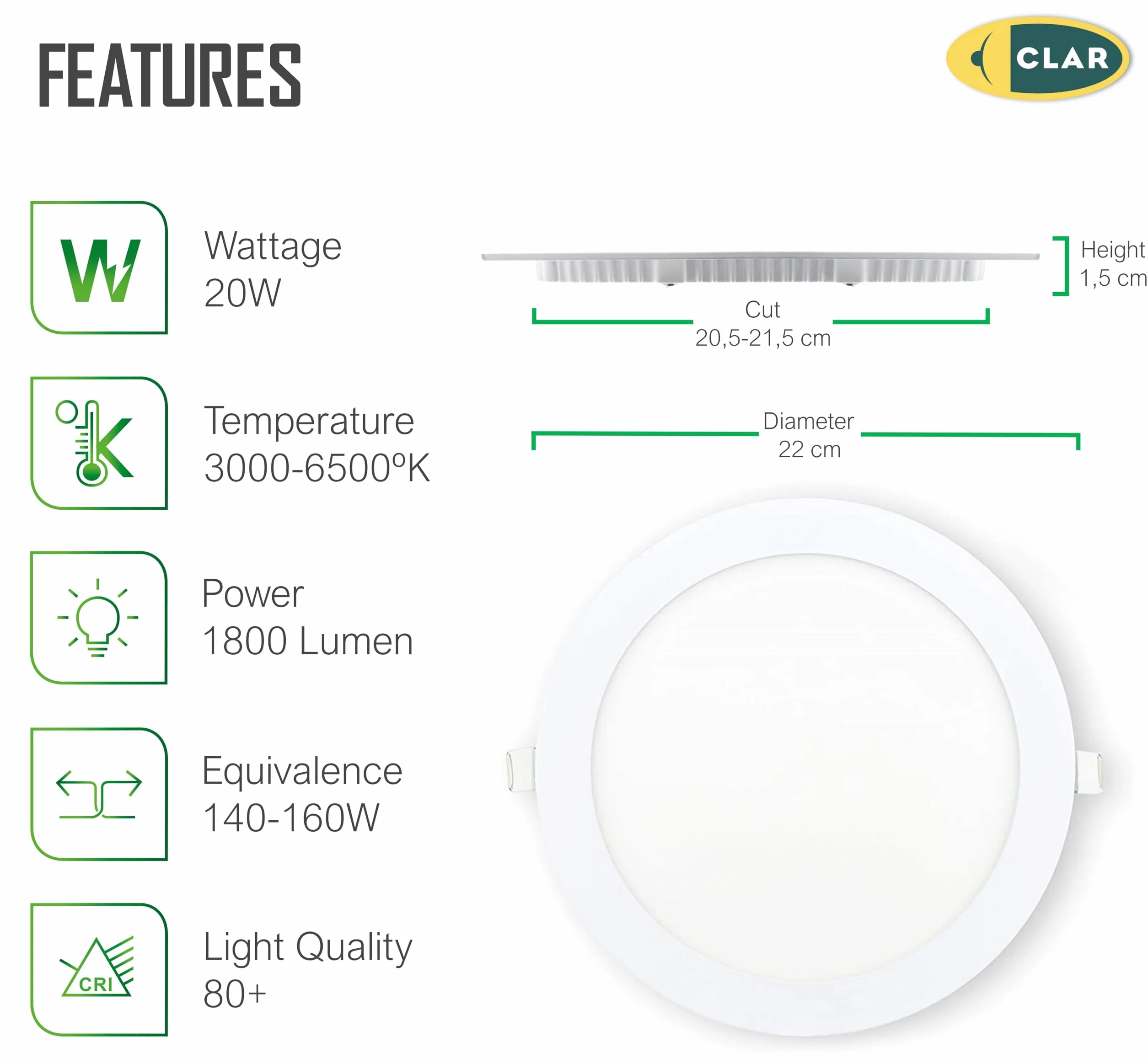 CLAR - Faretti LED da Incasso per Cartongesso, Faretti a LED da Incasso, Faretto Incasso, 4000ºK 20W Garanzia di 3 anni (Pack 10)