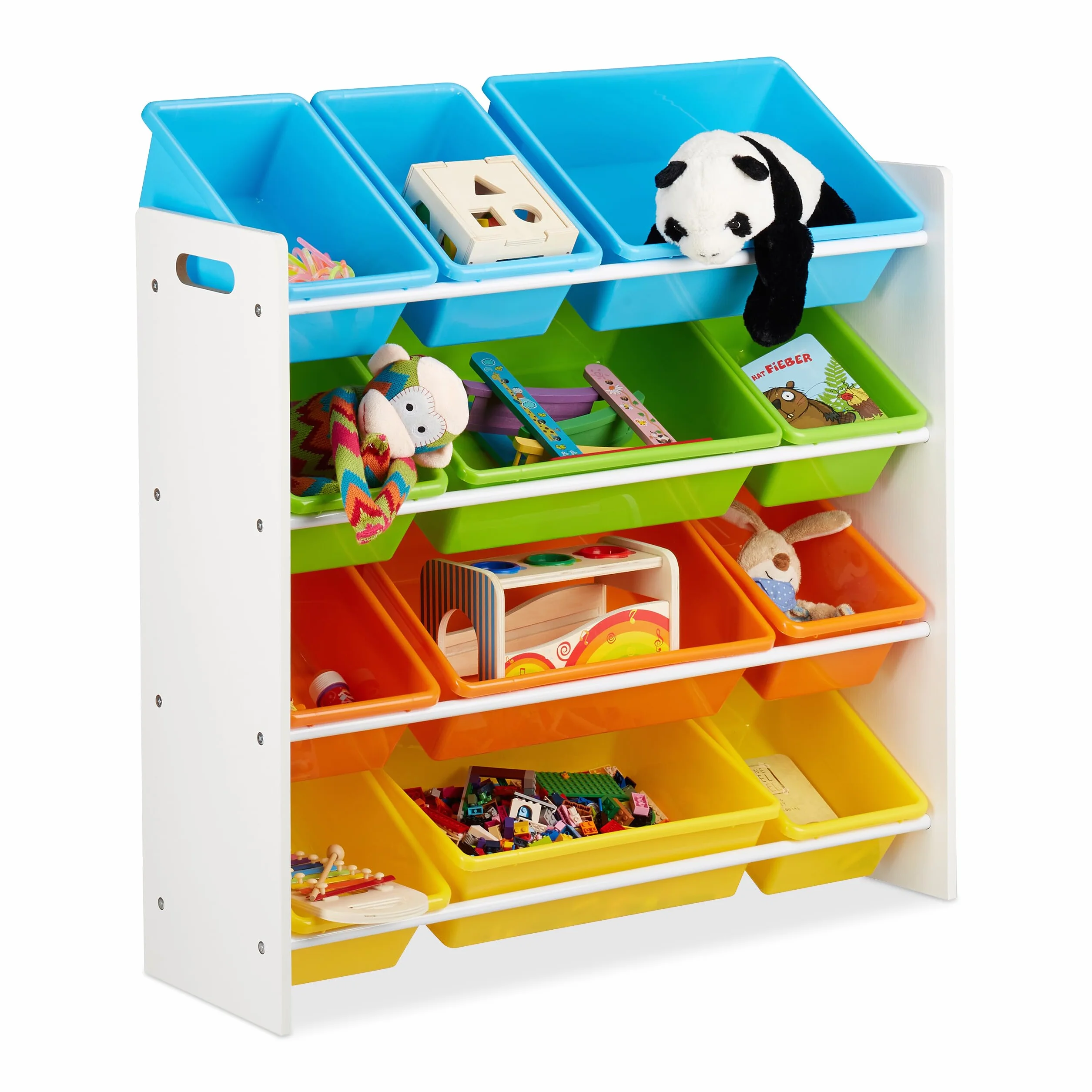 Relaxdays Scaffale per Bambini con Box Porta-Giochi, Contenitori Colorati per Giocattoli, MDF+Plastica, 88x86x31 cm