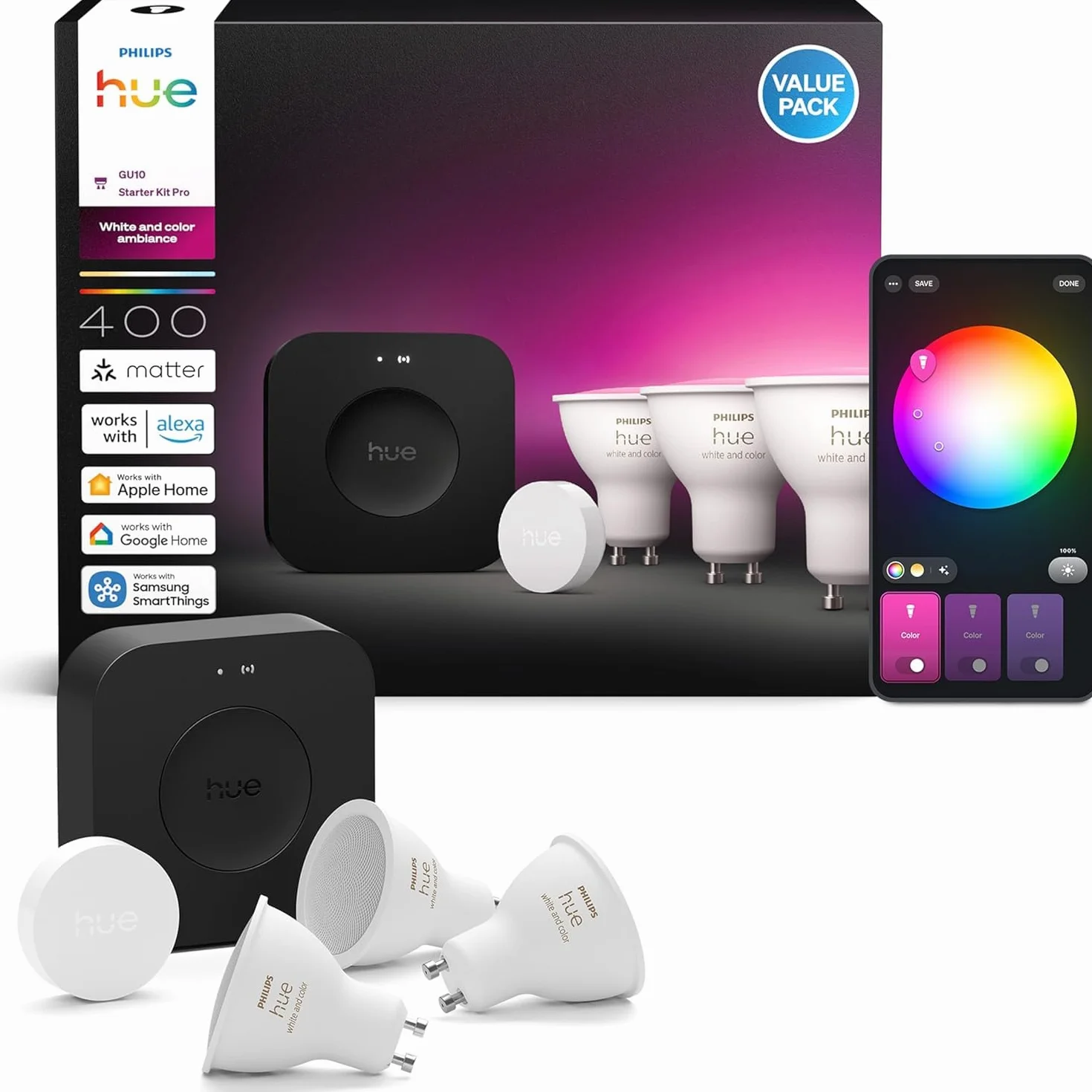 Philips Hue Starter Kit, Con Hub Bridge Pro, 3 lampadine smart GU10 e Smart button, Lampadine intelligenti con luce bianca e colorata, Luci smart compatibili con Alexa, Google Assistant e Apple Home