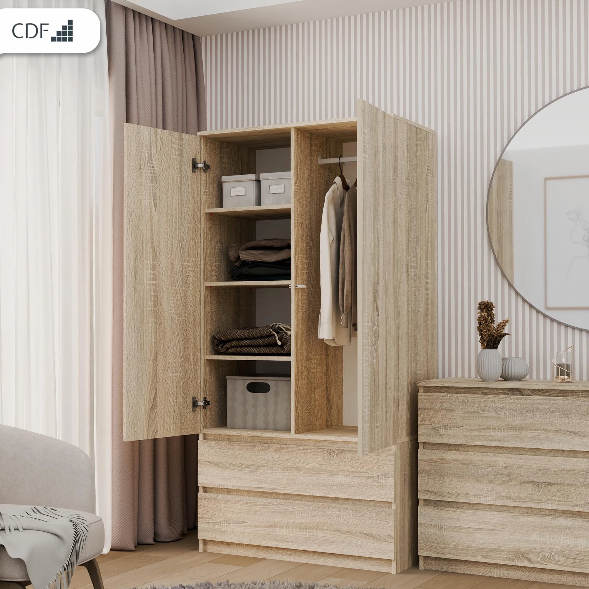 CDF Armadio Camera da Letto 90 cm 2 Ante 2 Cassetti Rovere Sonoma