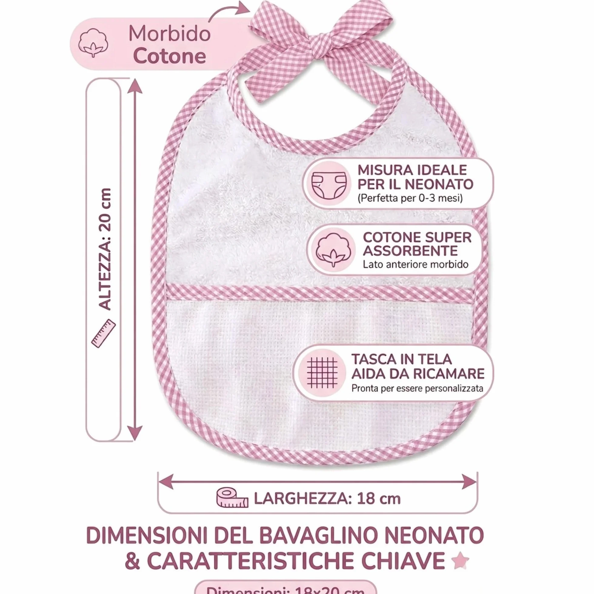 Bavaglino Neonato in Spugna di Cotone con Tela Aida 55 Fori Ricamabile 20x18 cm