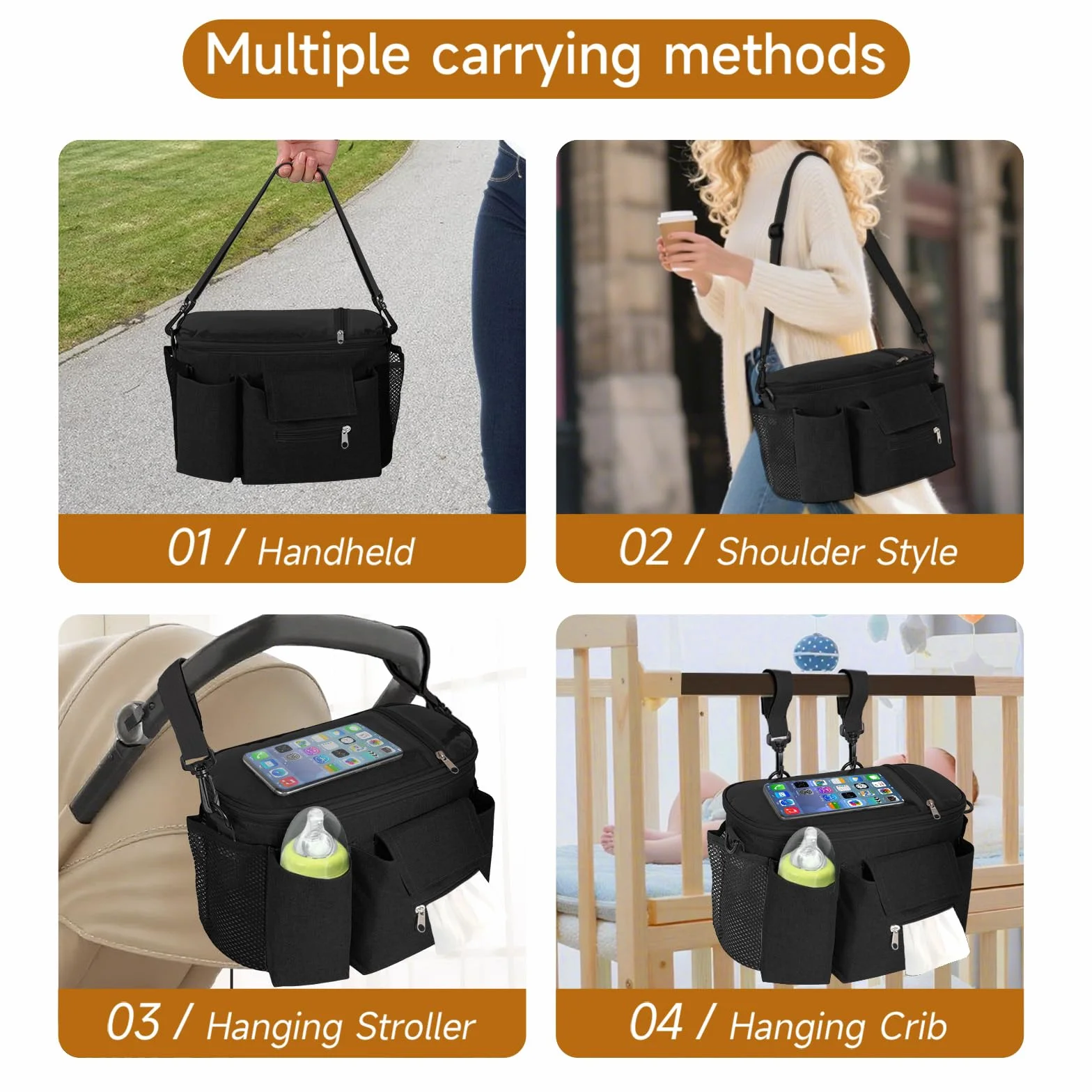 HOTUT Borsa Passeggino Organizer con Tasca Telefono Touch Screen, Multifunzione Borsa Cambio Neonato Tracolla Regolabile per Pannolini Salviette Biberon