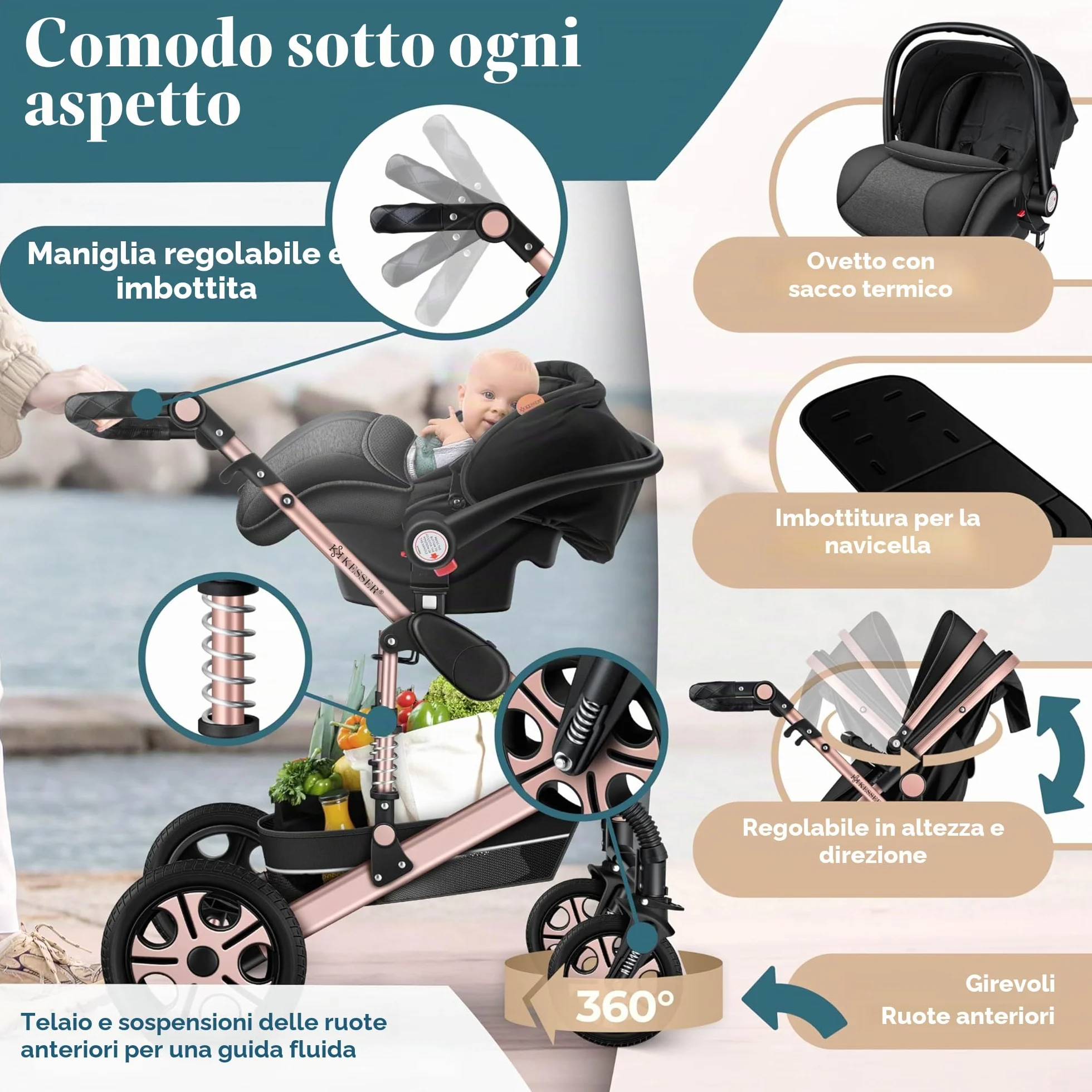 KESSER Carrozzina 3in1 Loops, Combinata con navicella, Seggiolino auto, Nero/Oro Rosato