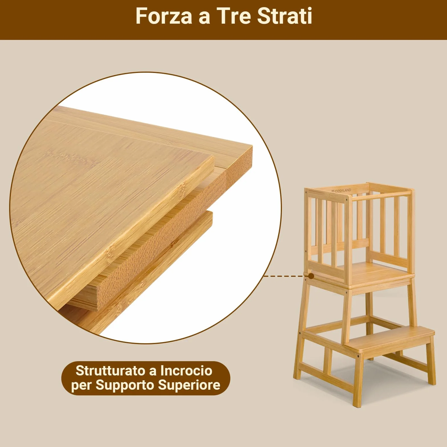 COSYLAND Torre Montessoriana Bambini A Forma di A con Pedana Centrale Rinforzata Bambù Naturale