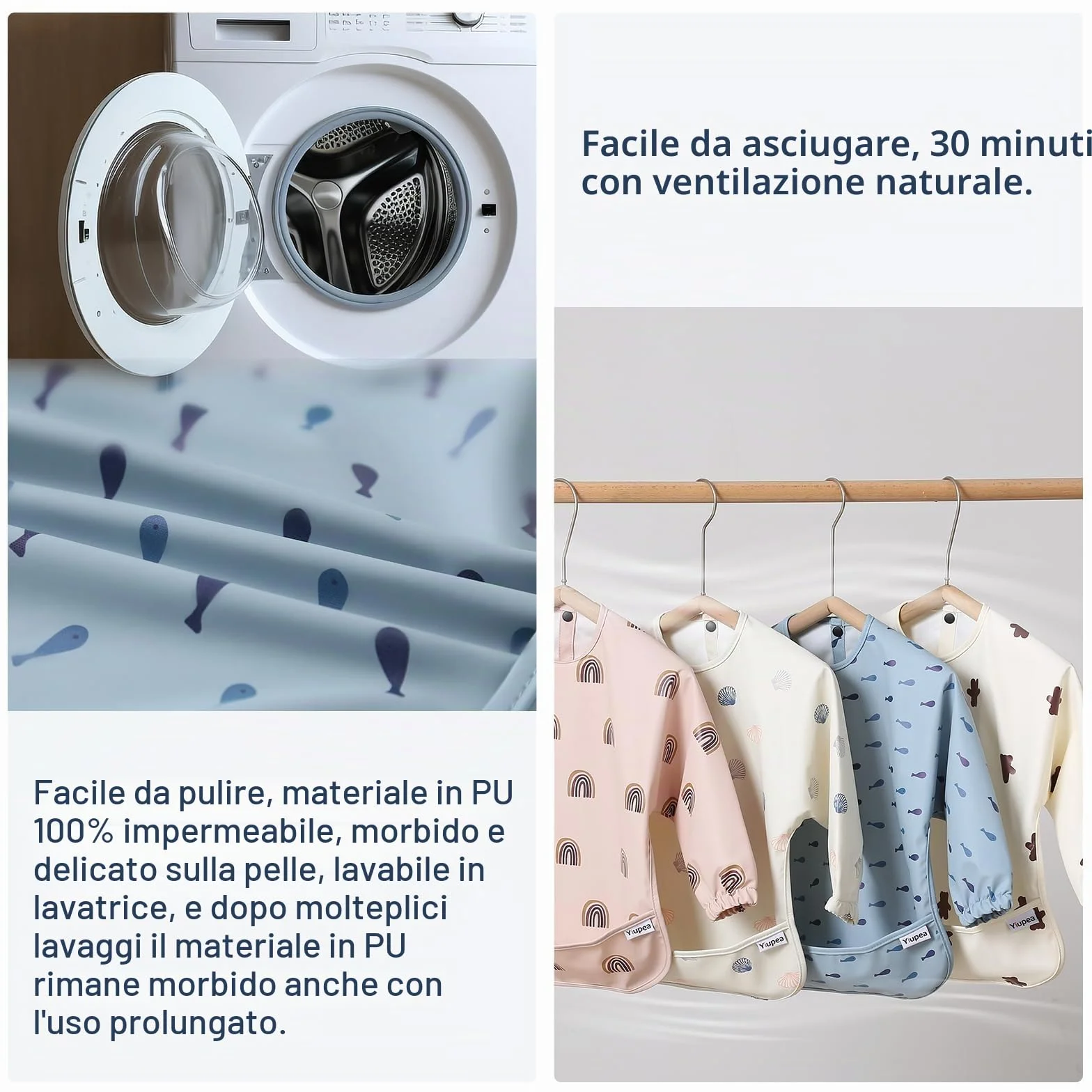 Bavaglino Anti-Mess a Manica Lunga Impermeabile Lavabile in Lavatrice per Svezzamento Bambino 6-24 Mesi