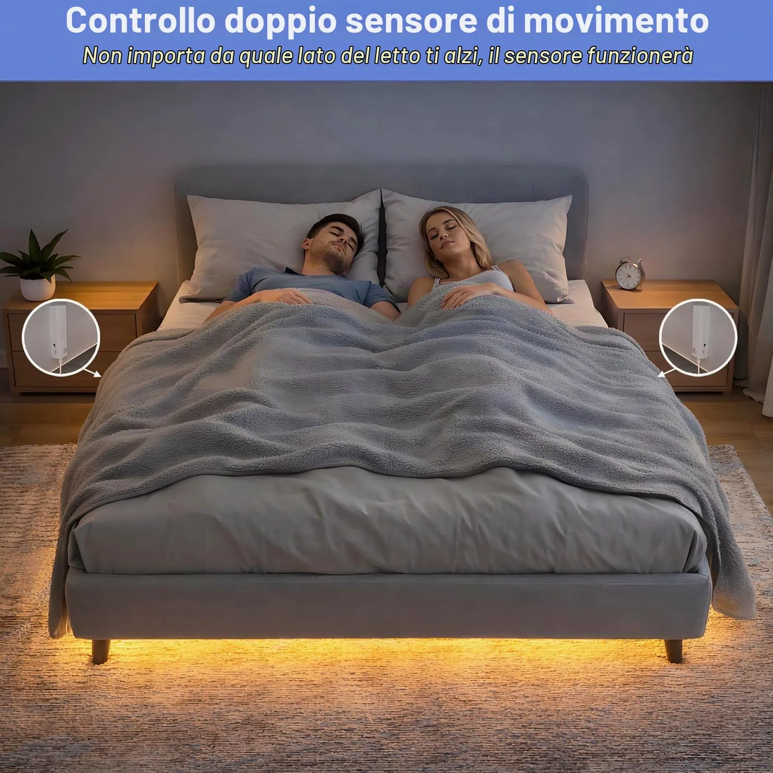 WOBANE Striscia luminosa a LED con sensore di movimento ricaricabile, 5 m, senza fili, con 2 sensori, luci a striscia LED alimentate a batteria, luce bianca calda per armadio, armadietto, 2700 K