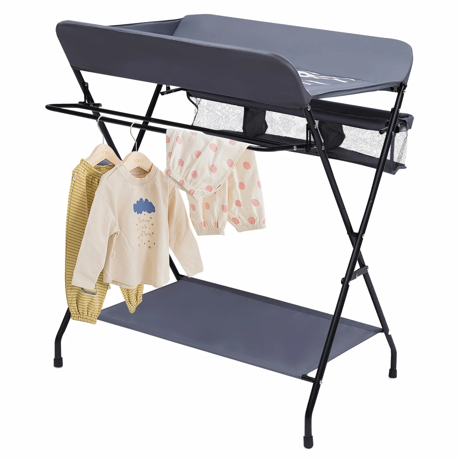 Comò fasciatoio pieghevole con cintura di sicurezza e ripiani, portata 25 kg