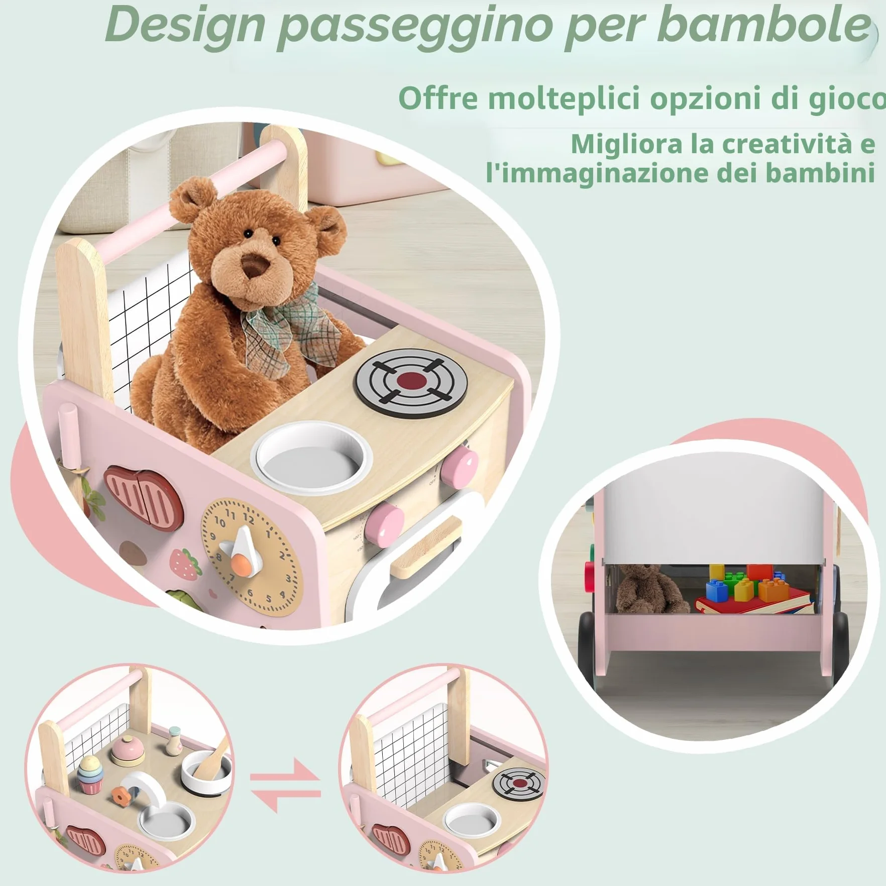 Girello Bambini Legno 9 in 1 Carrello Primi Passi con Giocattoli Montessori Cucina da Gioco, Regalo Natale