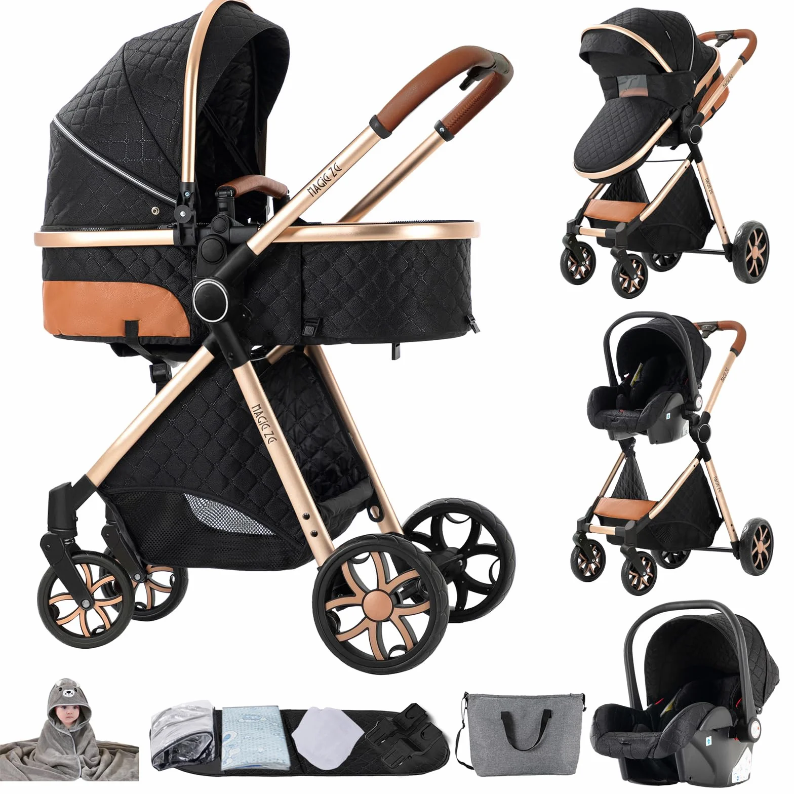 Passeggino Trio 3 in 1 con Spinta Reversibile a Due Vie, Carrozzina per Neonati Pieghevole (V9 Black)