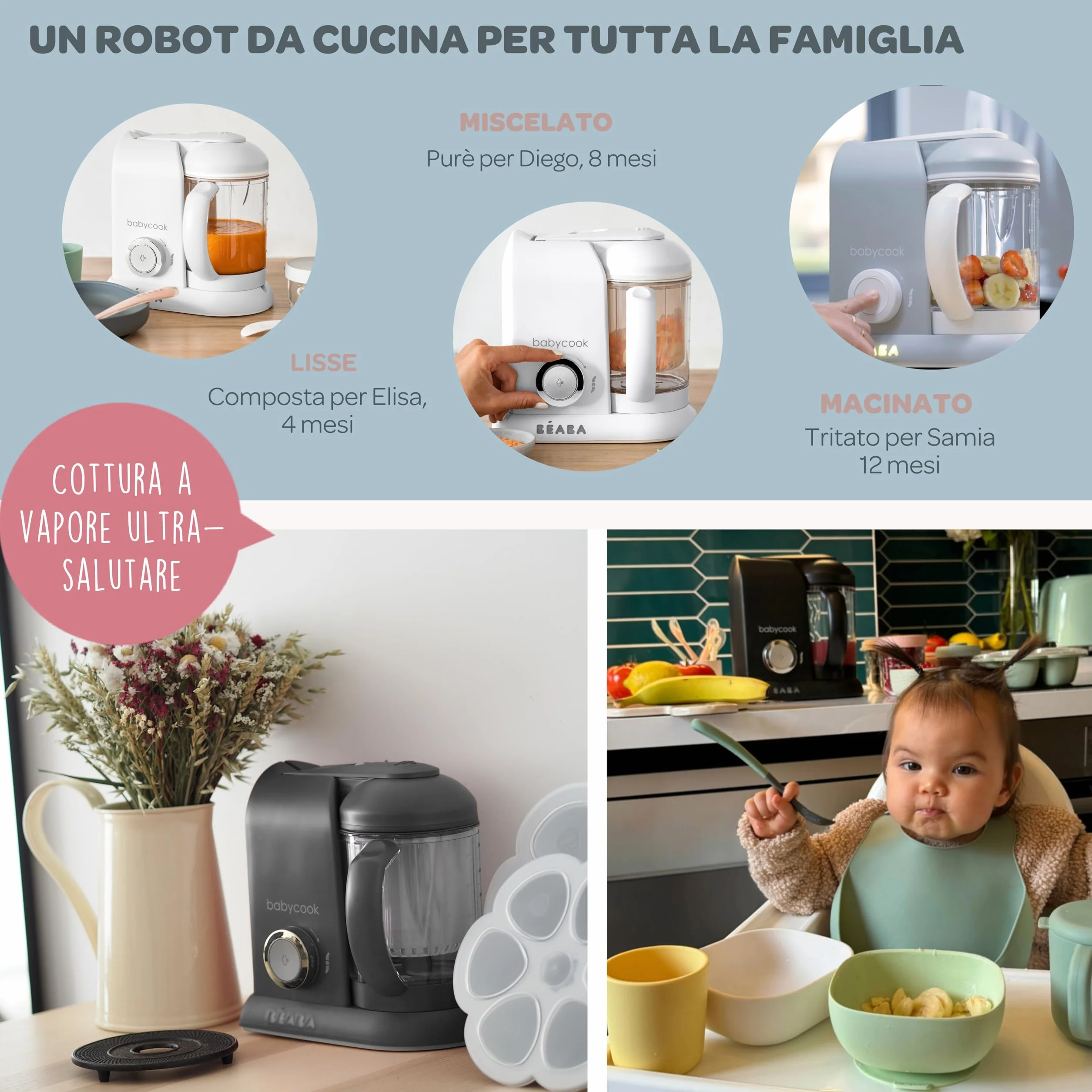BÉABA Babycook Solo Robot do Pary 4 w 1 Mixer Cottura dla Niemowląt i Dzieci Ciemnoszary