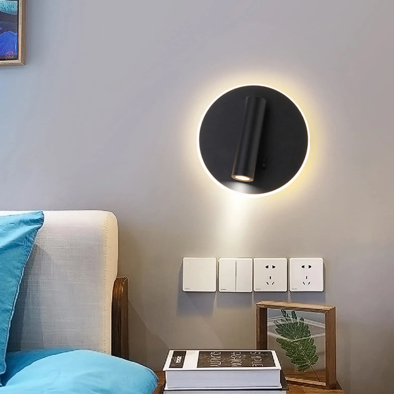 Lampada da parete a LED, lampada da parete da lettura sul comodino, lampade da lettura a parete a LED da 12 W, faretto regolabile （3W + 9W 3000K luce calda） nero (Nero（Forma rotonda） 2PCS)