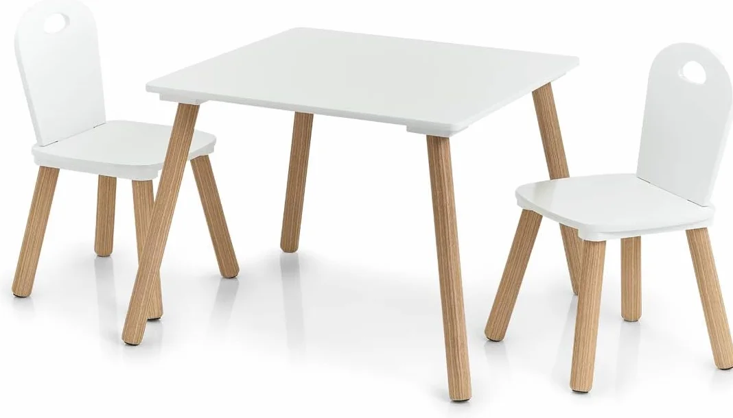 Avilia Set Tavolo e Sedie per Bambini in Legno 55x55x43.5cm 28x28x50cm Bianco e Beige