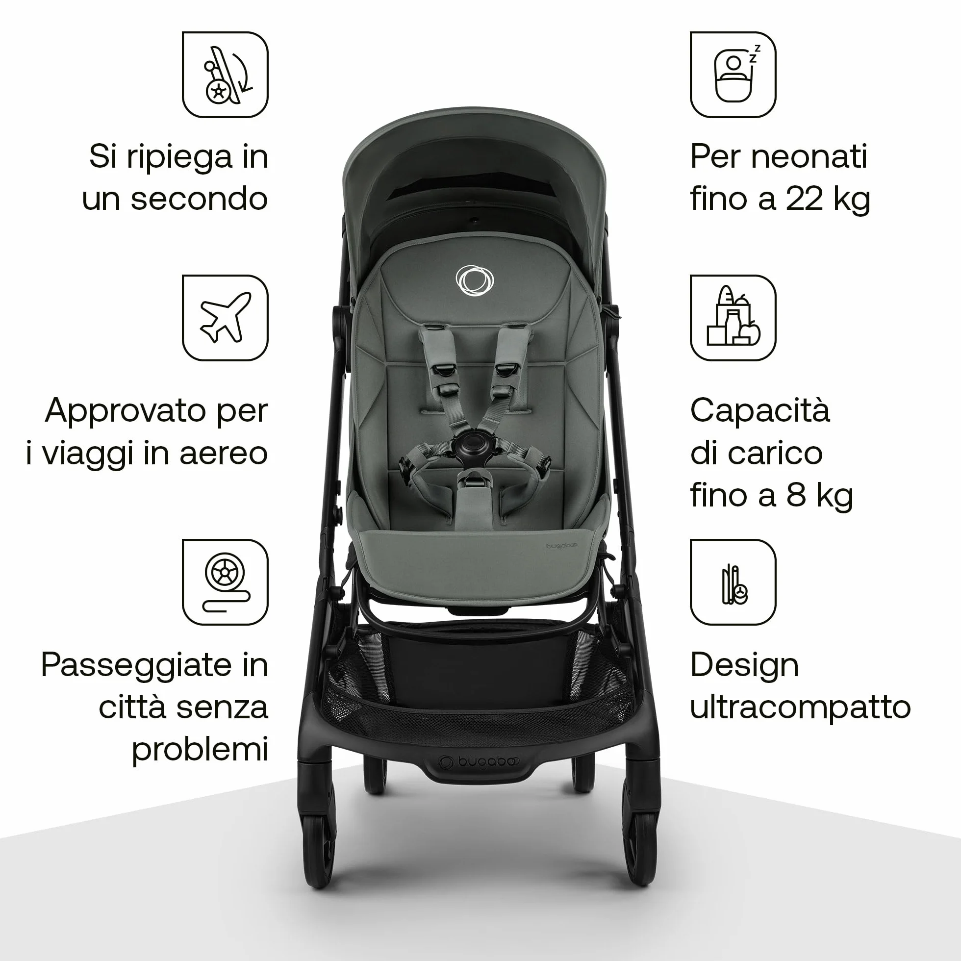 Bugaboo Butterfly 2 Passeggino Leggero da Viaggio Dimensioni Cabina, Portatile, Piegabile con Una Mano, Seduta Reclinabile, Cestino Portaoggetti, Tracolla - Forest Green