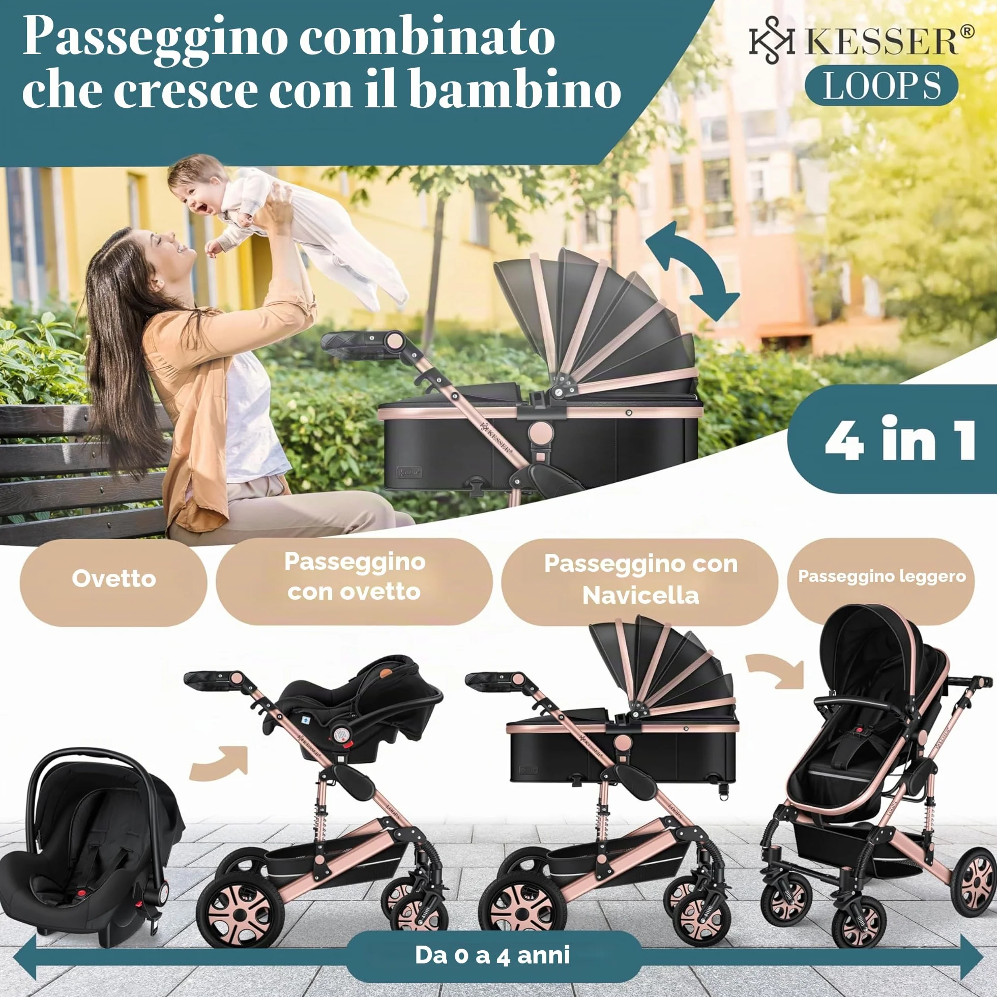 KESSER Carrozzina 3in1 Loops, Combinata con navicella, Seggiolino auto, Nero/Oro Rosato